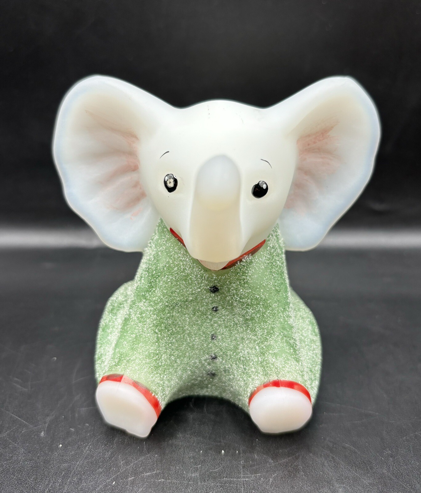 Fenton PJ Babies Sitting Baby Elephant Hand Painted Green Sugared Signed