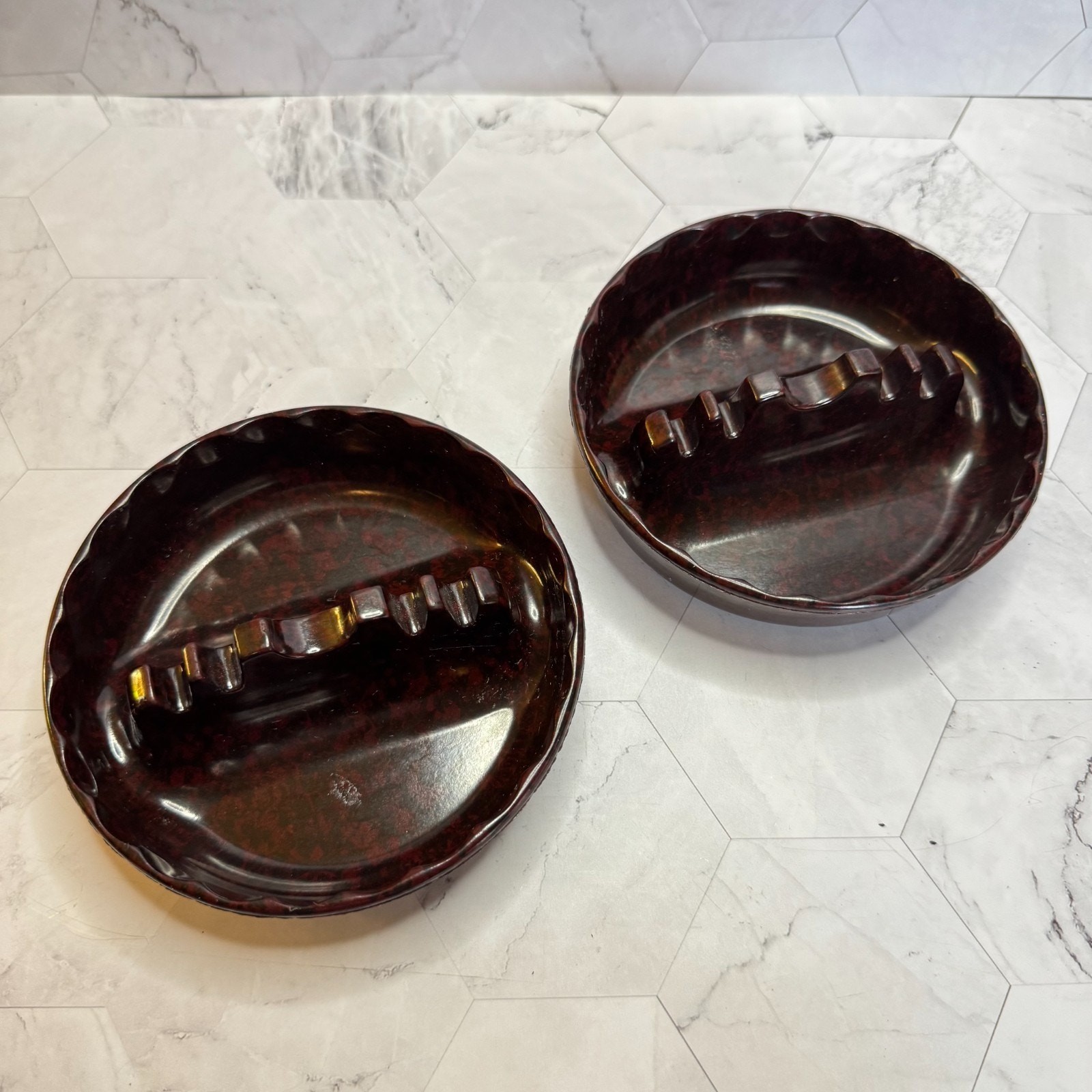 Vintage Ashtrays Set of 2 GES-LINE Melamine Made in USA Marbled Black #331 EUC