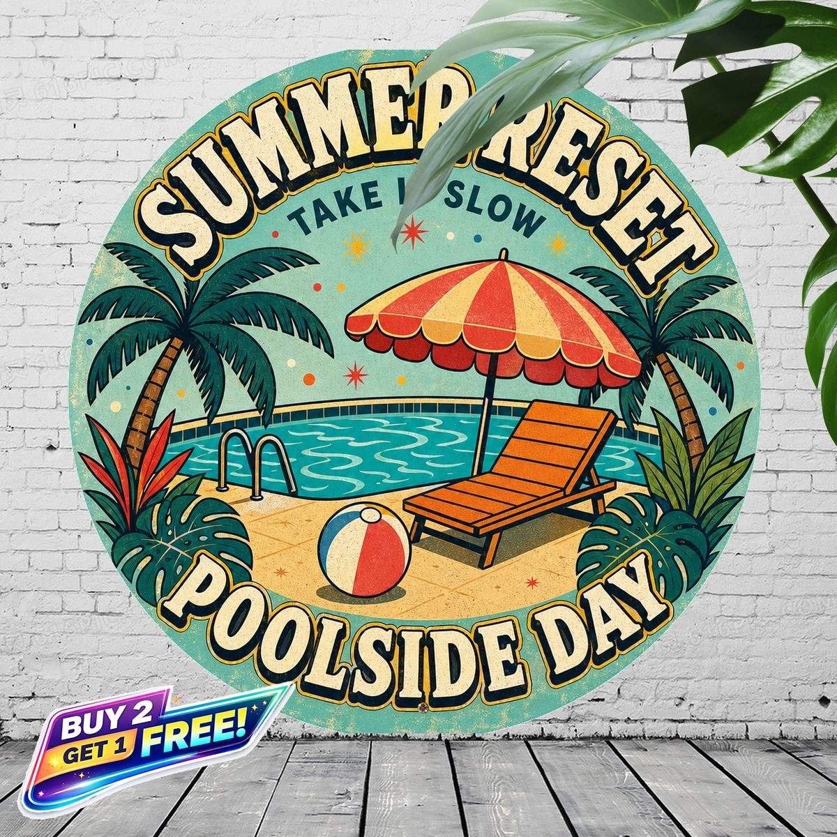 Poolside Relaxation Tropical Round Metal Sign 8x8 Summer Backyard Decor
