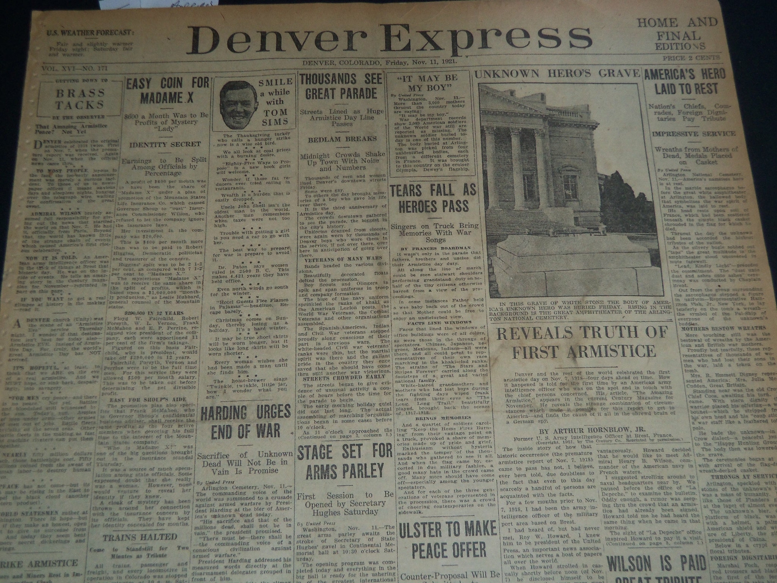1921 NOV 11 DENVER EXPRESS NEWSPAPER - TOMB OF THE UNKNOWN SOLDIER - NT 7581