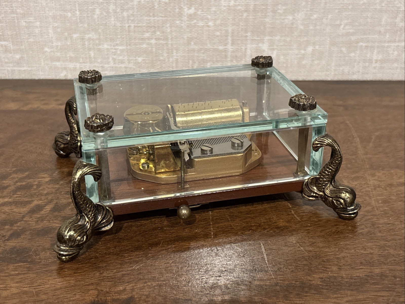 Vintage Swiss Reuge Crystal Clear Glass Music Box Dolphin Legs - “Silent Night” Vintage Swiss Reuge Crystal Clear Glass Music Box Dolphin Legs - “Silent Night”