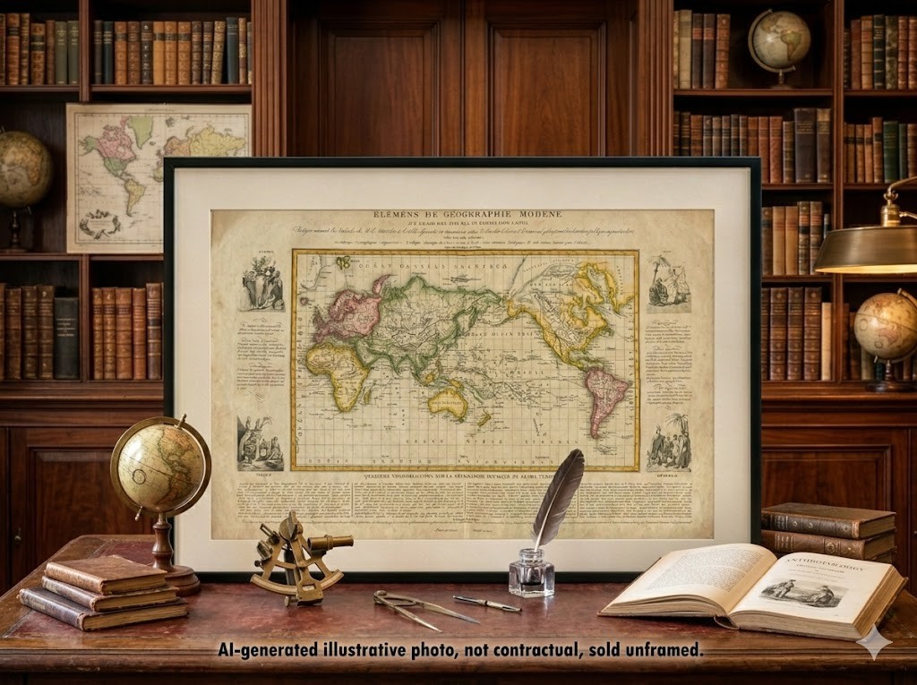 RARE 1834 World Map - Origins of Scientific Racism - 5 Human Races - Legrand