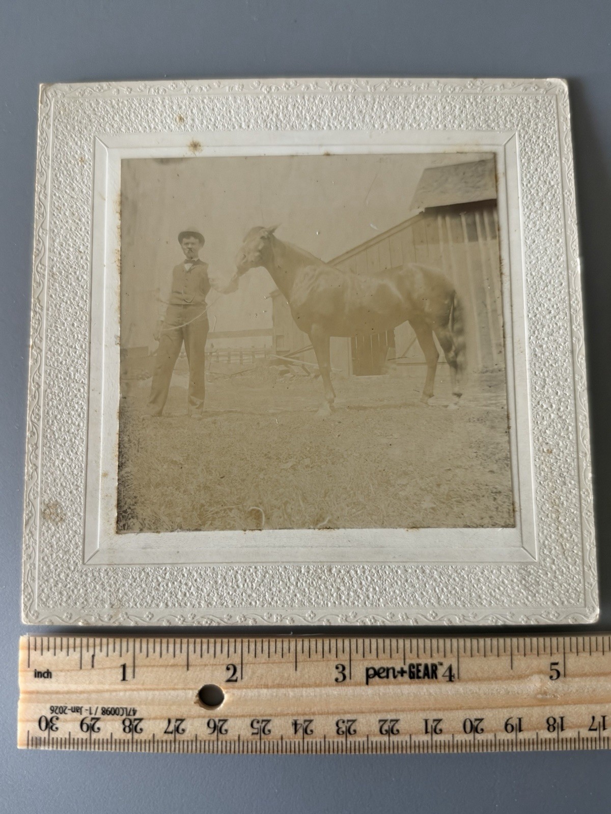 Antique Sepia Photograph Man With Horse 4.5” X 4.5”