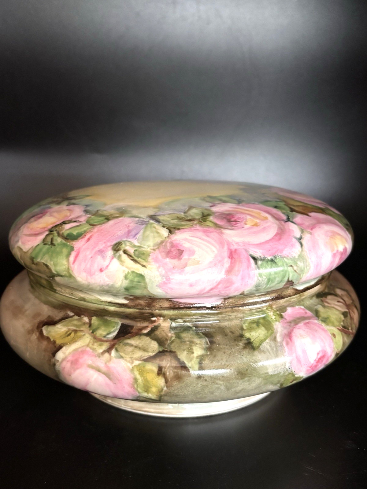 Antique Vignaud Limoges Floral Lidded Vanity Jar Hand Painted Pink Roses France