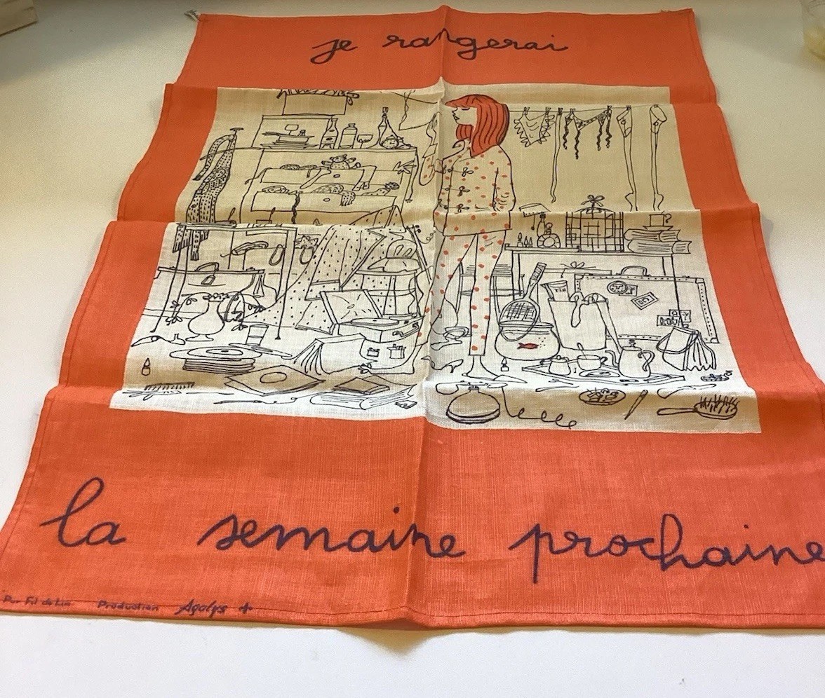 VTG 1960s JACQUES CHARMOZ  “I’ll Tidy Up. Next Week” 100% Linen France Brand New