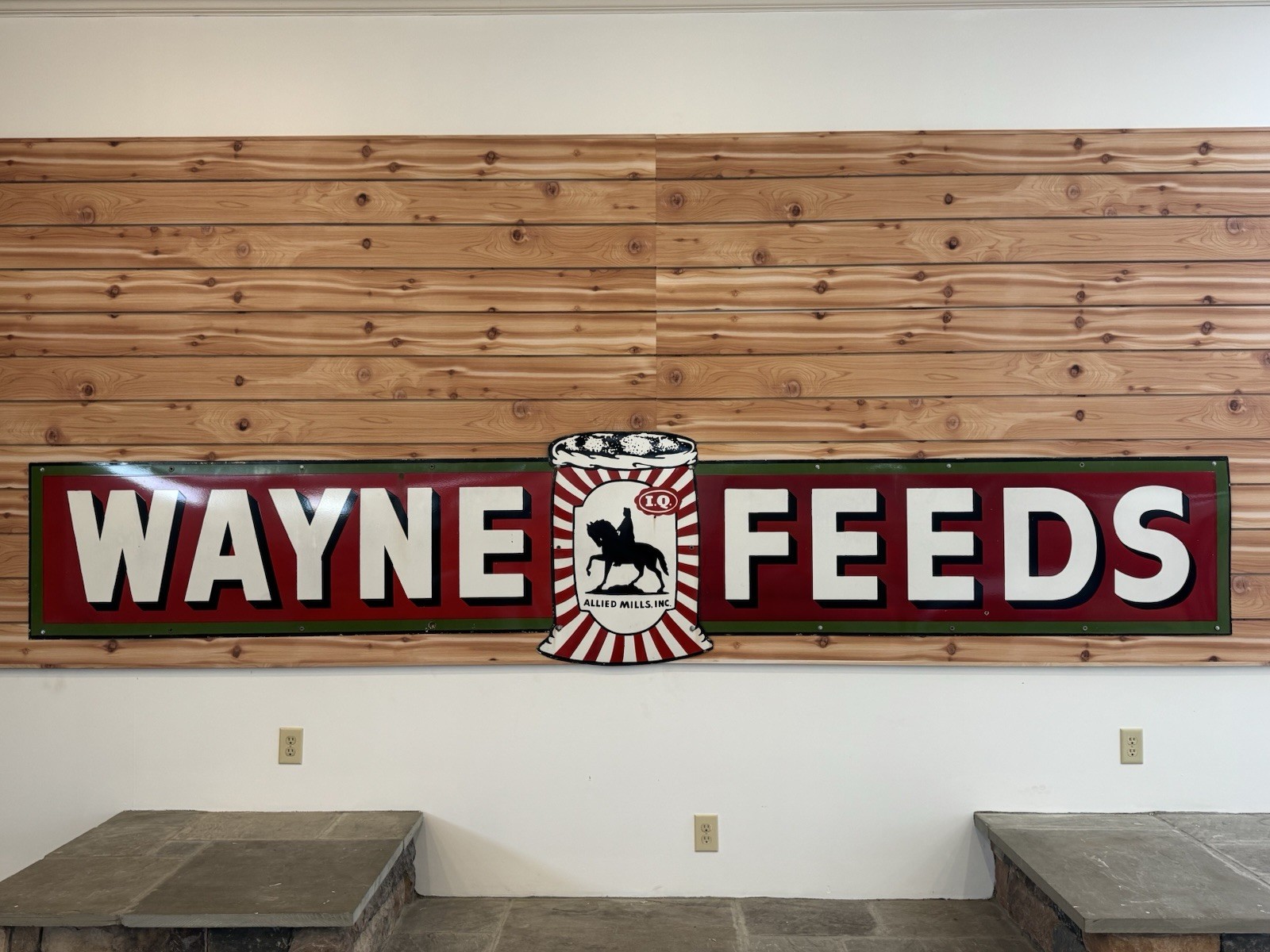 Vintage Wayne Feeds Allied Mills Porcelain 3 Piece Farm Feed Sign \