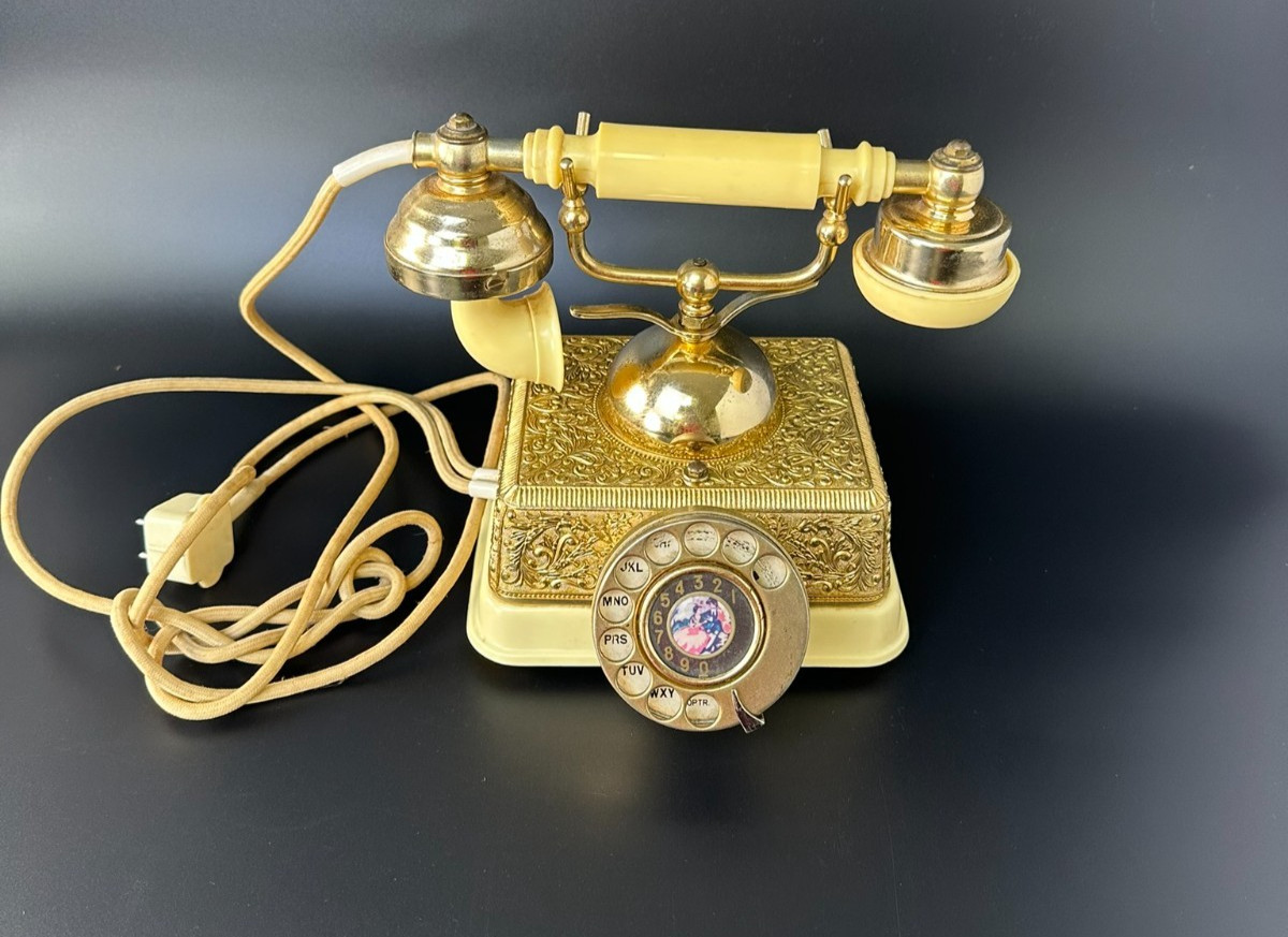 French Style Rotary Telephone Ivory Gold Victorian Vintage