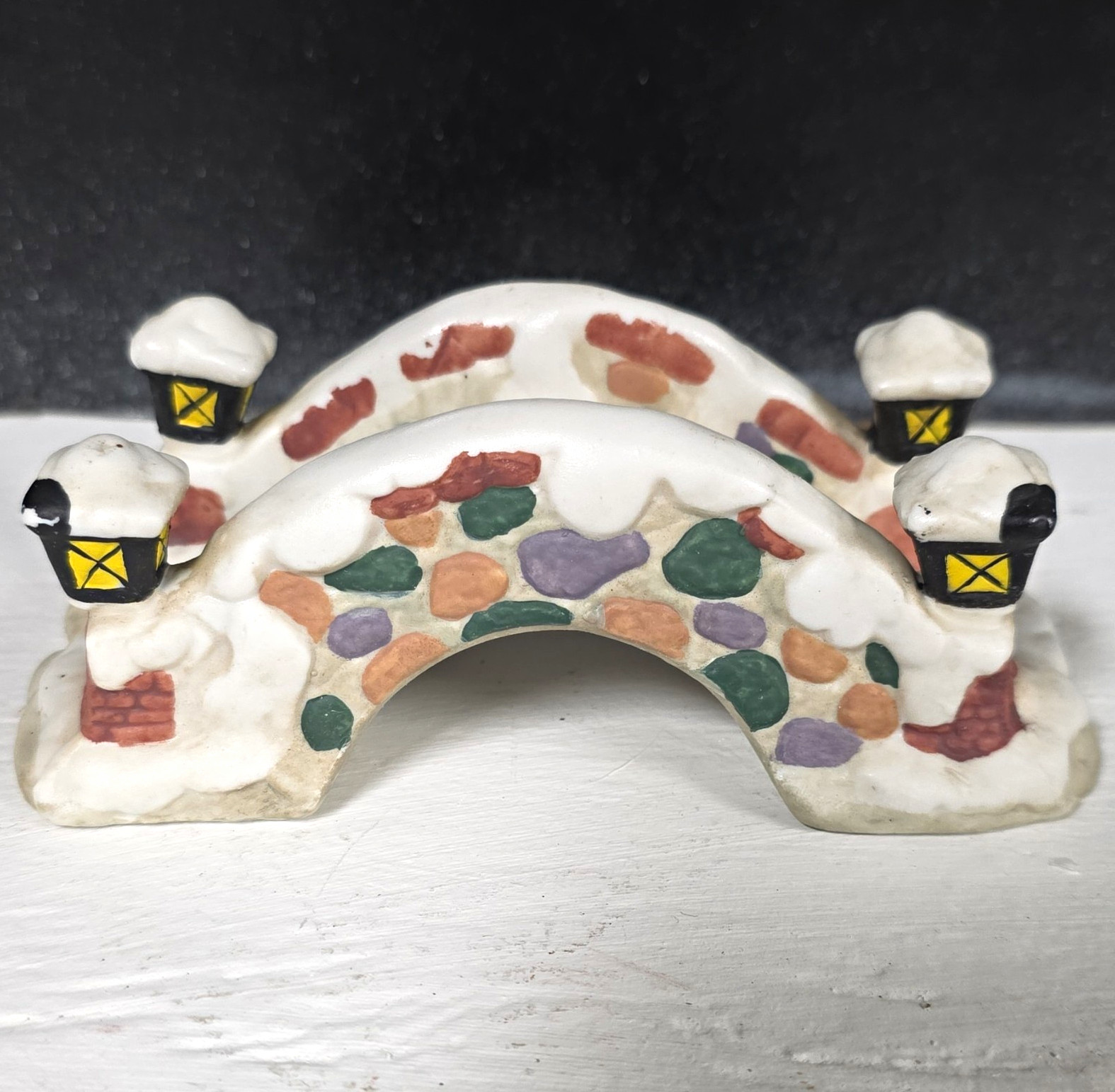 Ceramic Snowy Covered Bridge Figurine w/ 4 Lanterns, Christmas, 4 in