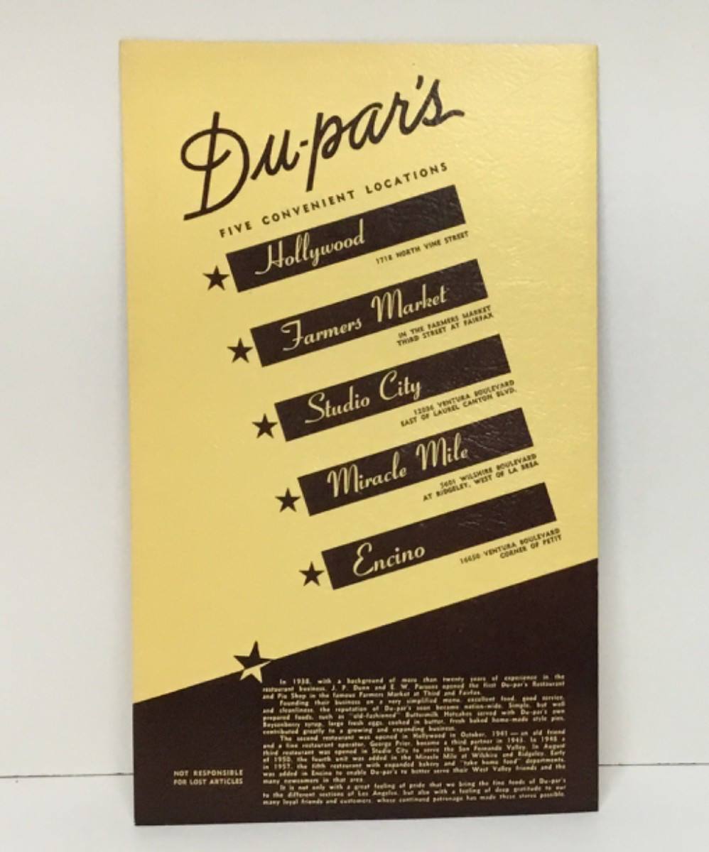 Du-par\'s Menu - Hollywood, Farmers Market, Studio City, Miracle Mile, Encino VTG Du-par\'s Menu - Hollywood, Farmers Market, Studio City, Miracle Mile, Encino VTG