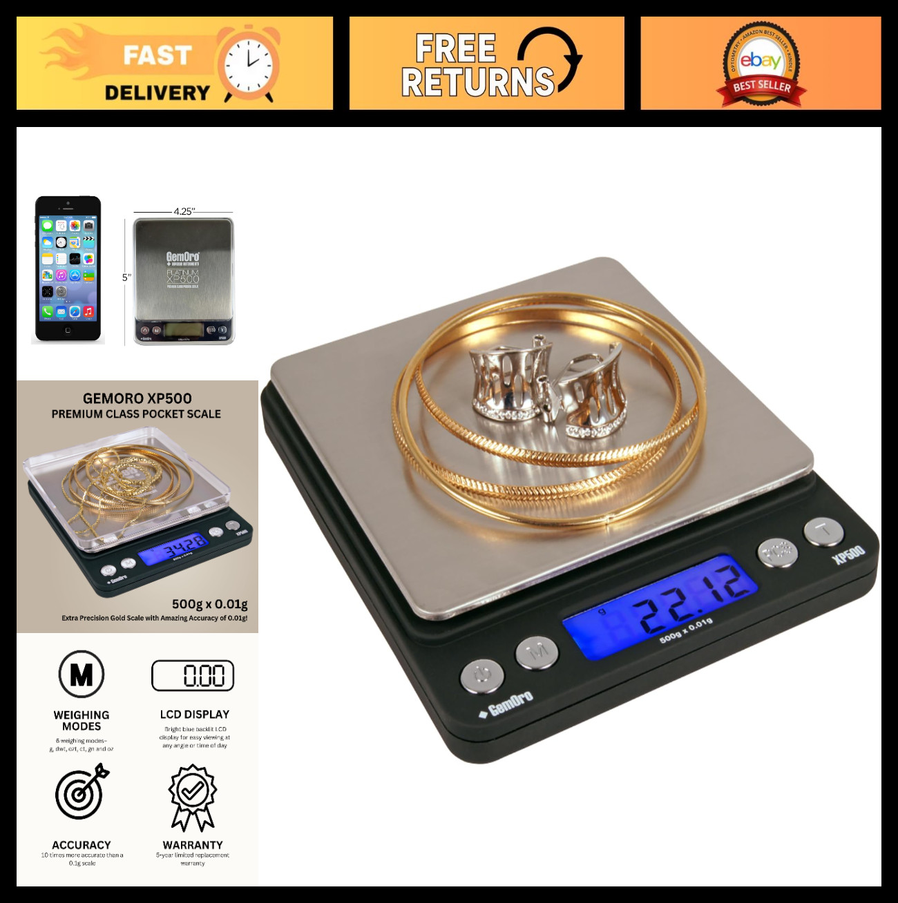 GemOro Platinum XP500 | Jewelers Pocket Scale | Countertop Portable Scale with D