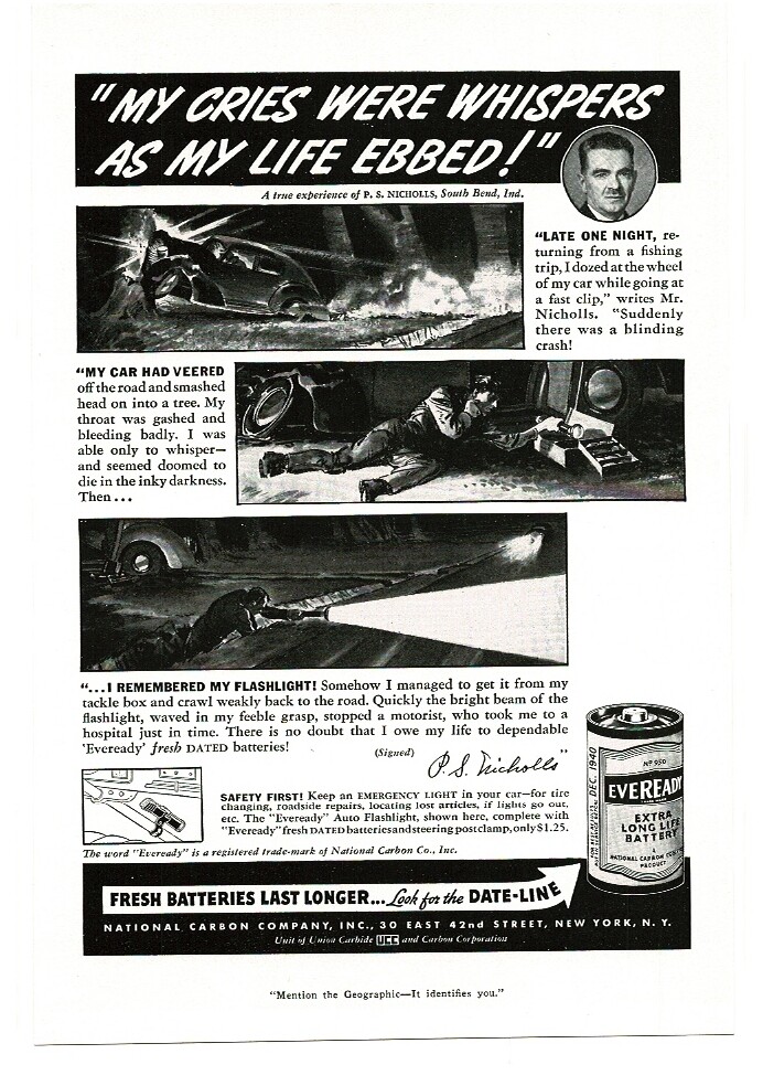 1940 EVEREADY Batteries flashlight saved my life Vintage Print Ad