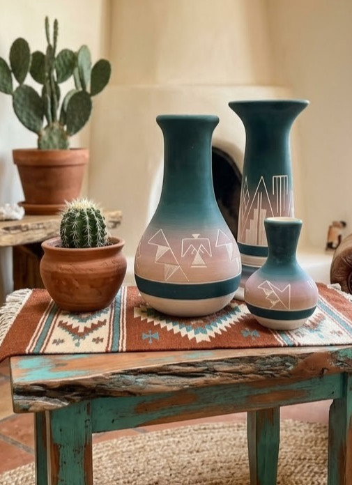 3 Southwestern Art Pottery Vases Sioux Ombre Turquoise, Coral Signed Ceramic