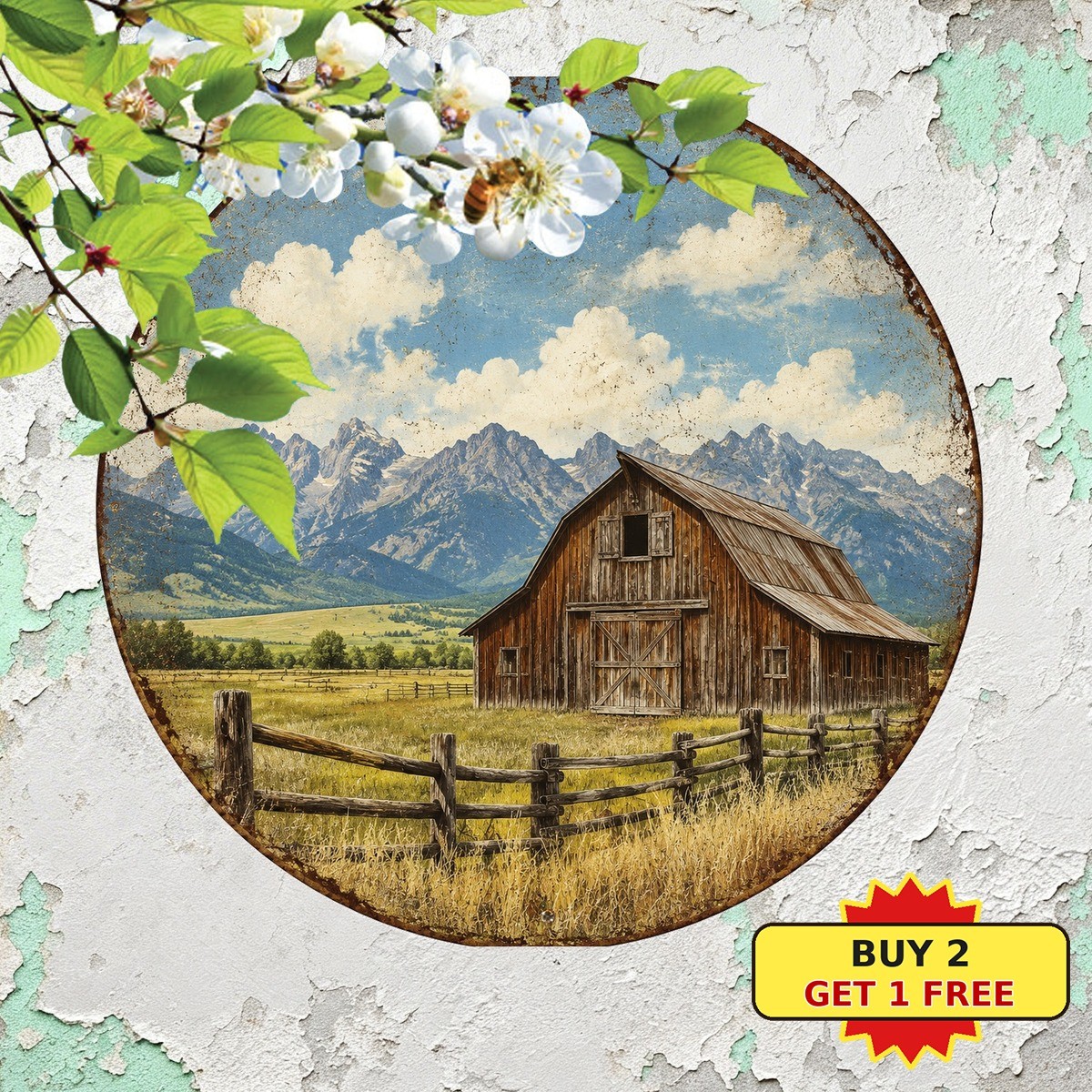 Fade Resistant Barn Landscape Round Tin Sign Country Farmhouse Decor
