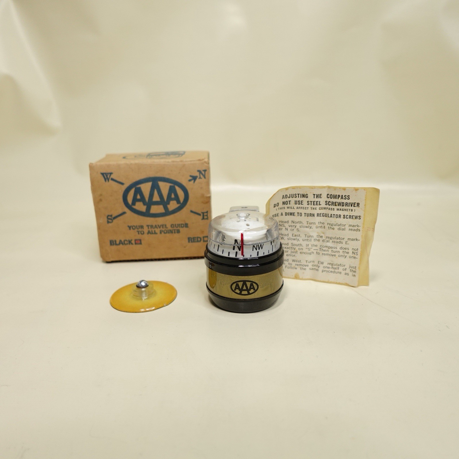 NOS Vintage AAA Dash Mount Compass  Black with Box, Instructions,  Bracket