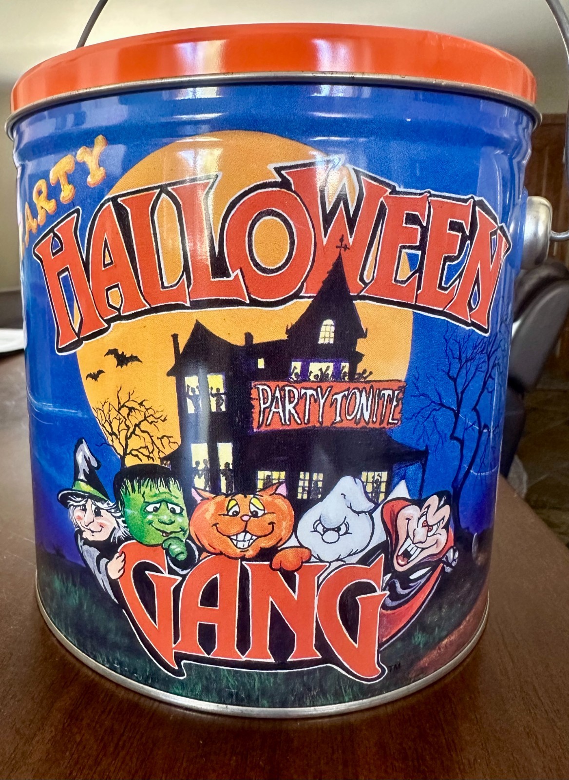Vintage HTF 1989 Halloween Gang Tin Bucket Handle Witch Frankenstein Ghost