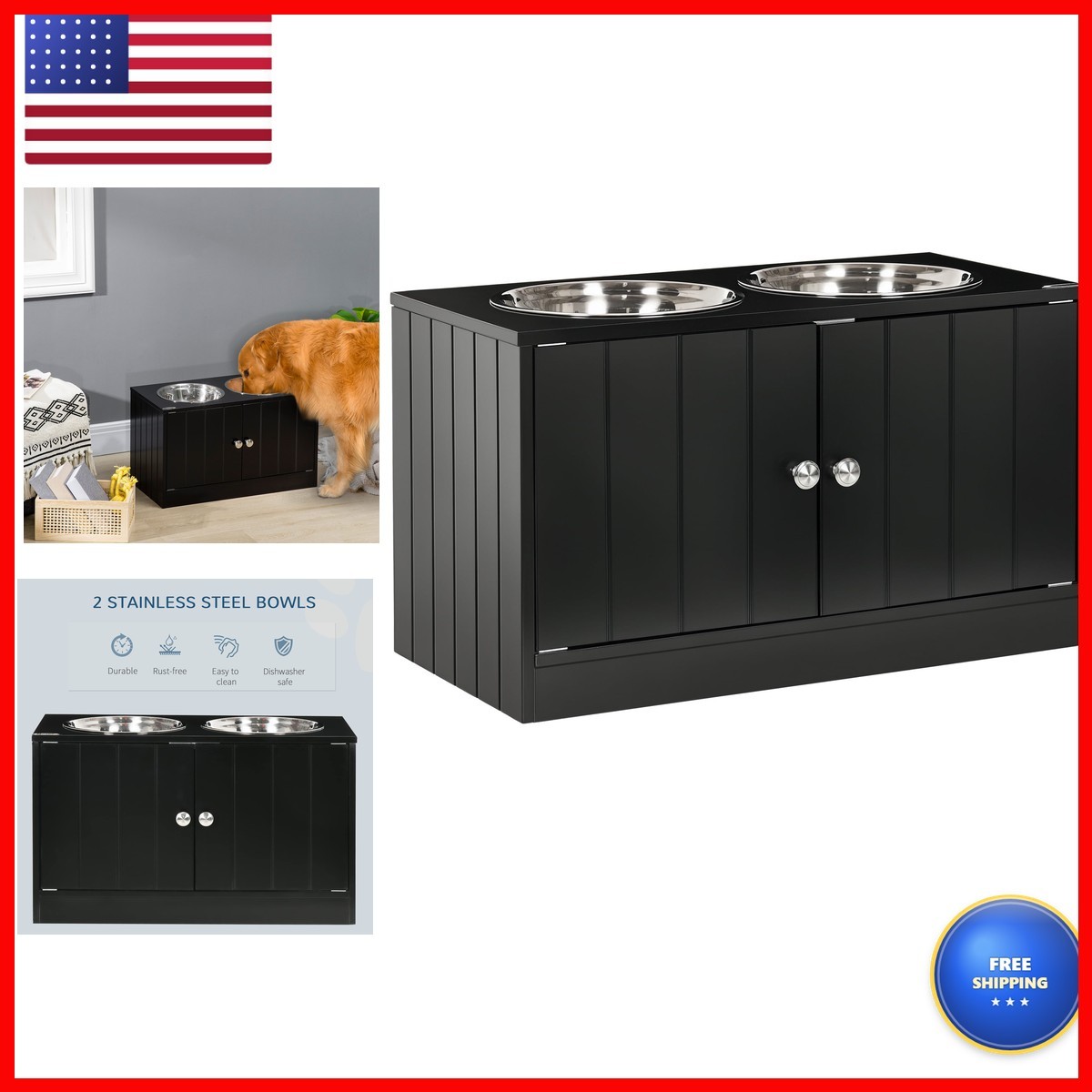 PawHut Large Elevated Dog Bowls with Storage Cabinet 44L Brown