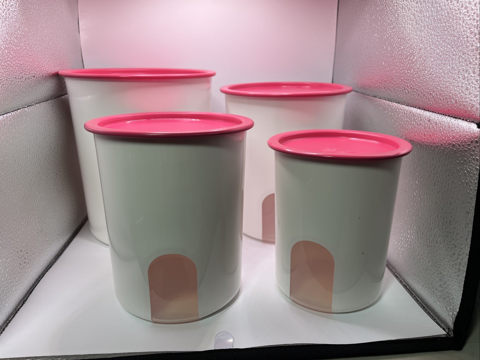 Tupperware One Touch Windows Canister Set of 4 -Pink KEEPS FLOUR, SUGAR GOOD.
