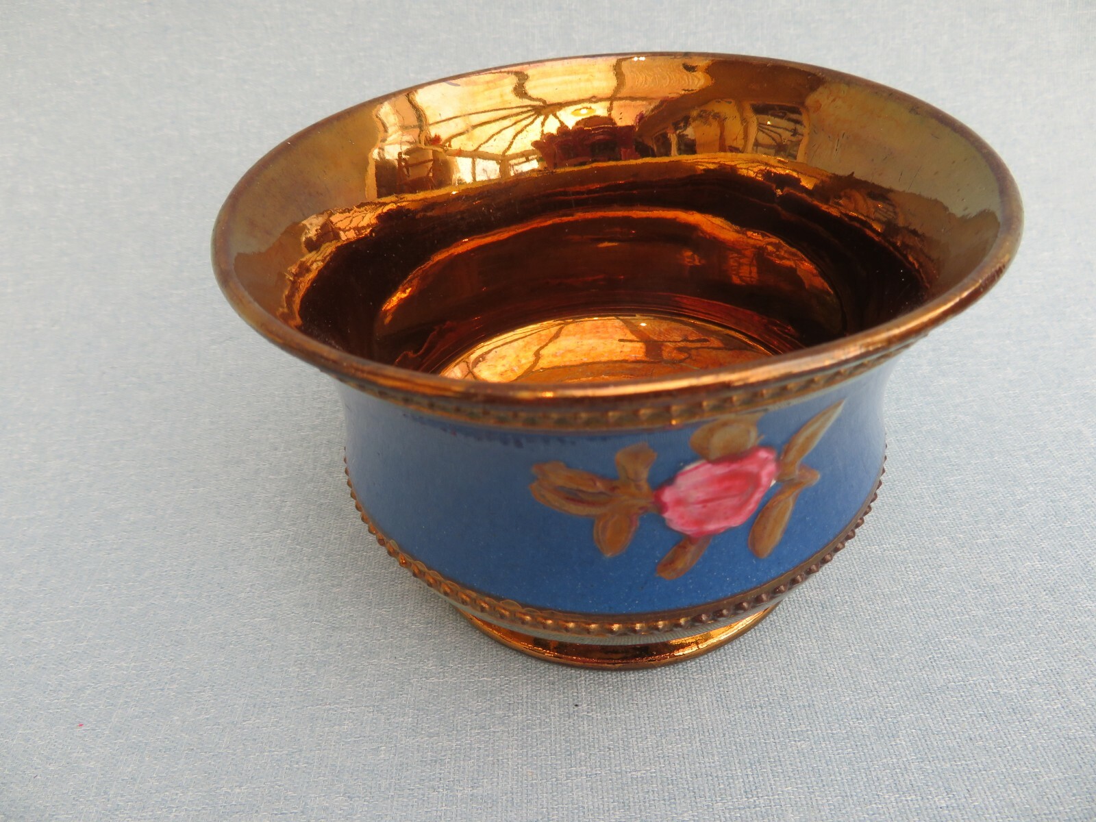 Antique Stunning Cobalt Blue & Lustre Ware Bowl With Pink Roses Dish Trinket 
