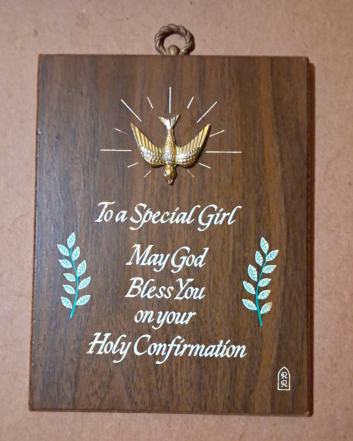Vintage Roman Inc Catholic Holy Confirmation Wood Plaque Gold Dove Girl Gift Wal