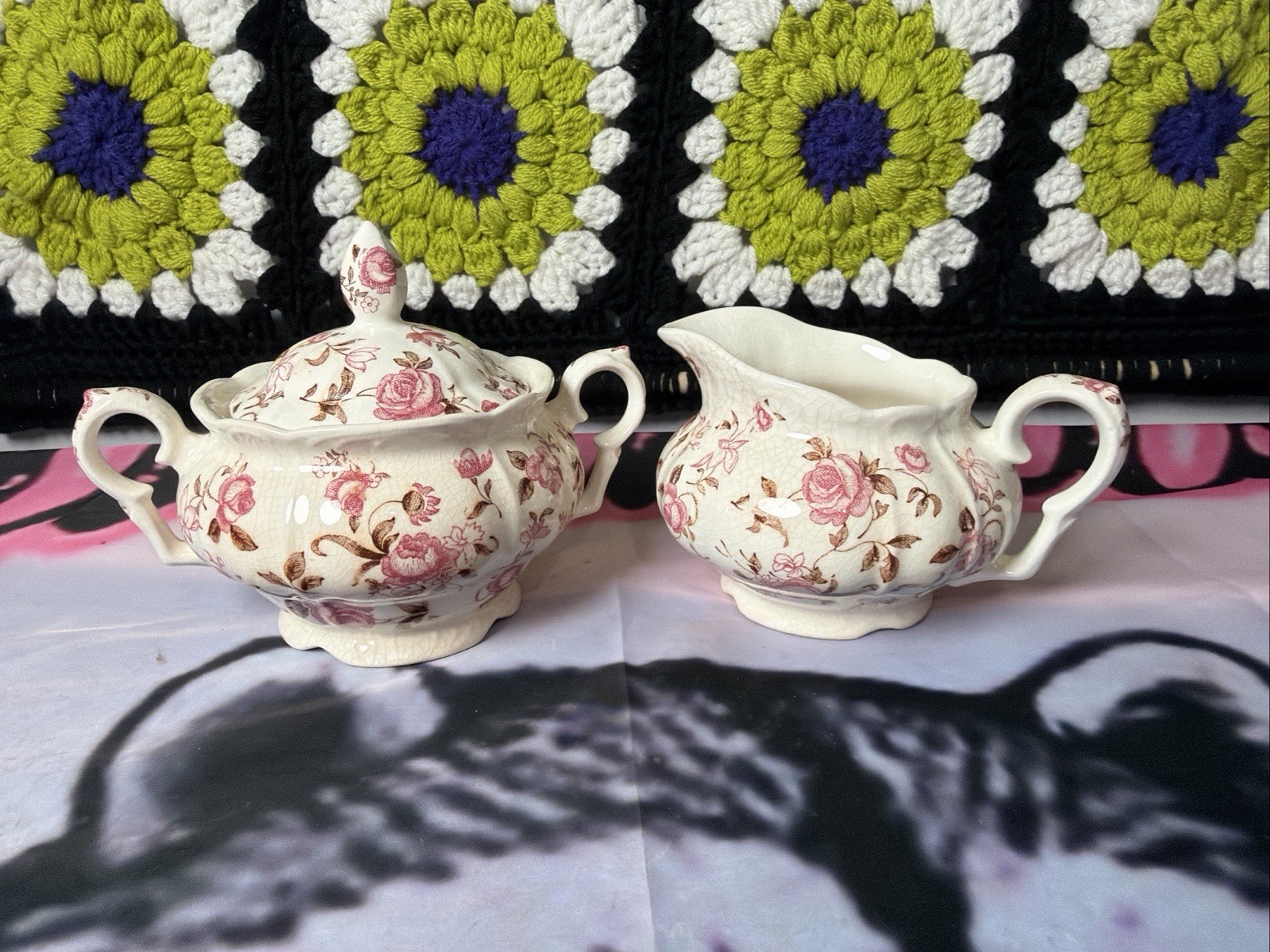 Vintage Nasco Japan Rose Garden Creamer and Lidded Sugar Bowl Set Pink Chintz