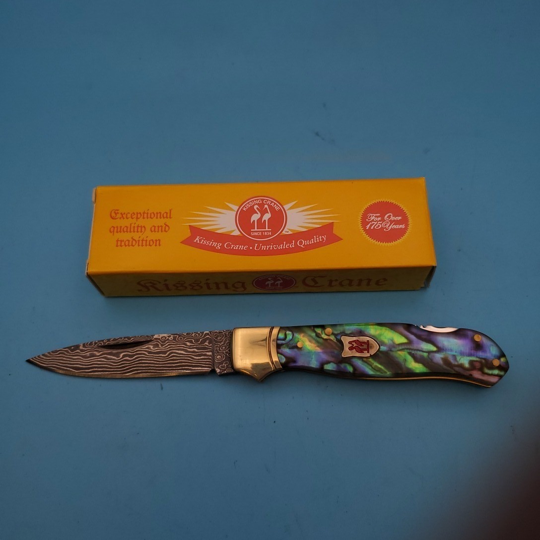 Kissing Crane Lockback Pocket Knife Damascus Abalone Shell 6.25x3.5x3.75