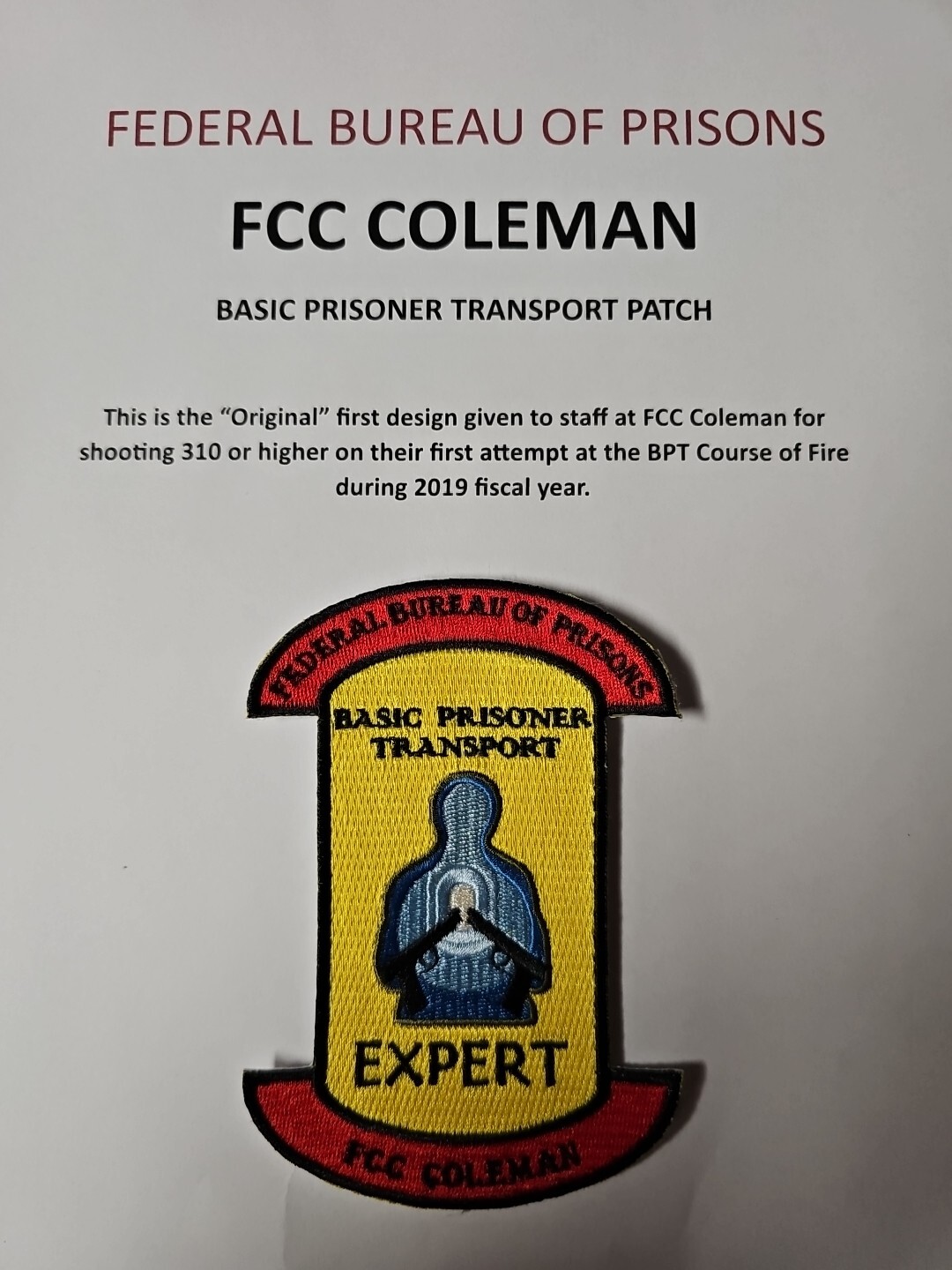 FEDERAL BUREAU OF PRISONS BASIC PRISONER TRANSPORT PATCH