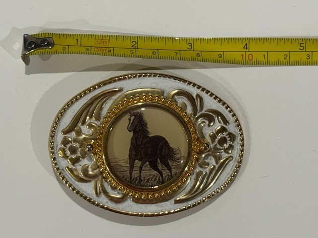 Classic Oval White & Gold Tone Galloping Horse Belt Buckle Made in USA Classic Oval White & Gold Tone Galloping Horse Belt Buckle Made in USA