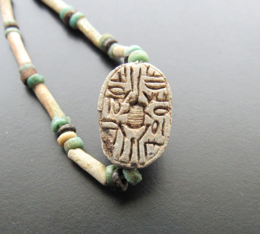 NILE  Ancient Egyptian Scarab Amulet Mummy Bead Necklace ca 600 BC