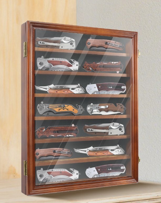 Knife Display Case Cabinet 14+ Wood Walnut Pocket Knives Holder Wall Shadow Box