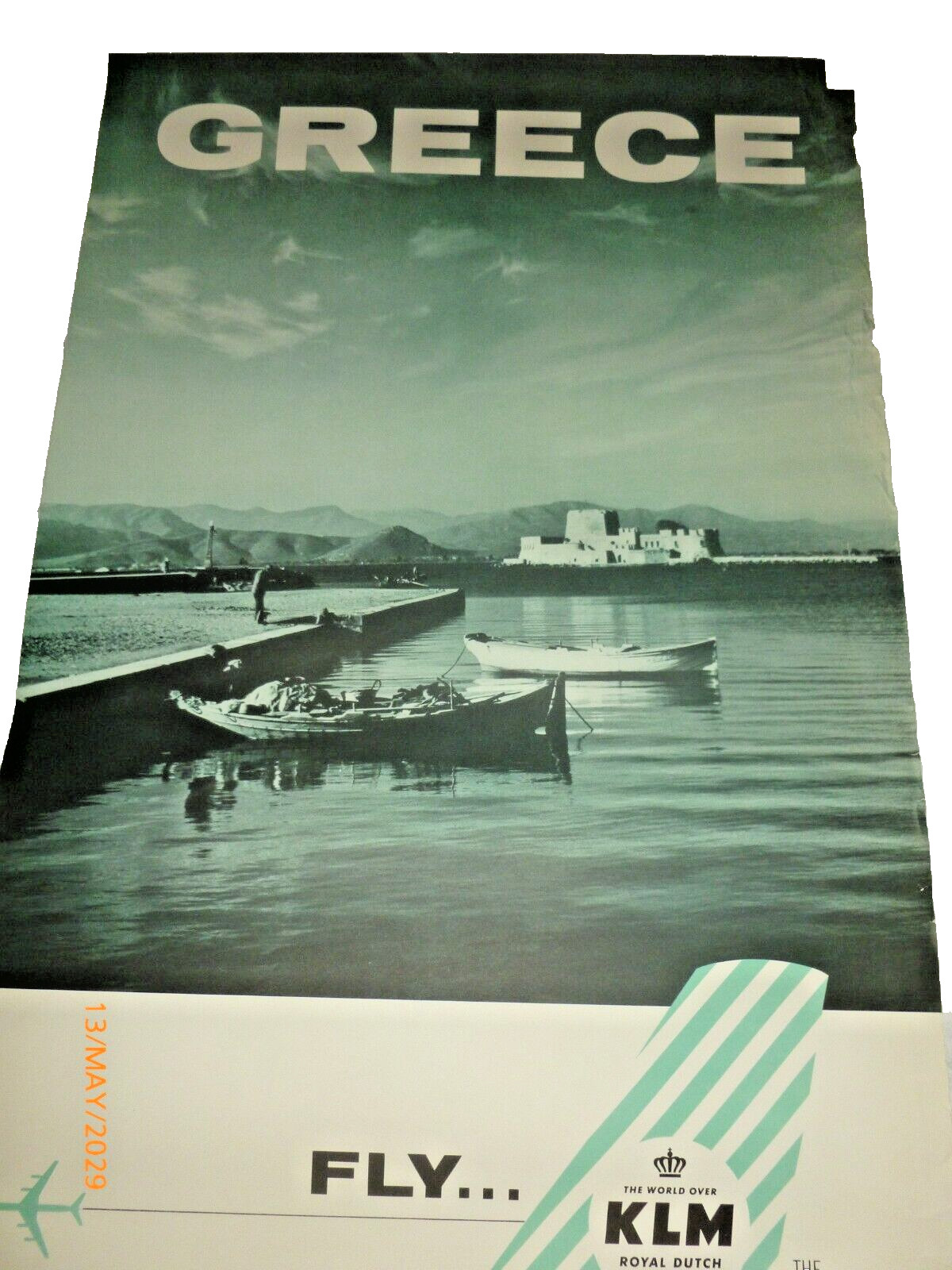 Vintage KLM Royal Dutch Airlines Greece Travel Poster Mid Century Modern 24x40
