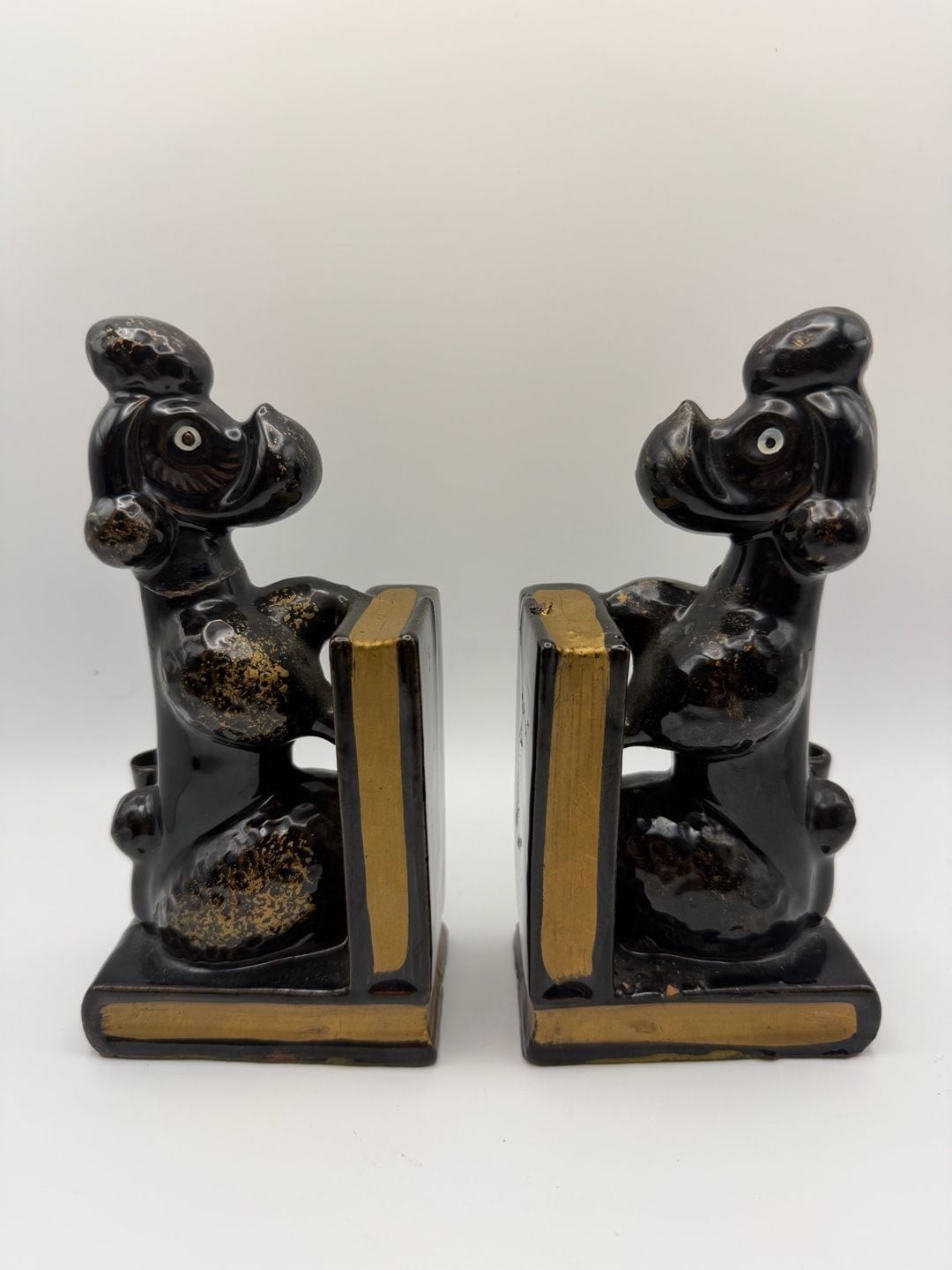 Vintage Black and Gold Ceramic French Poodle Bookends Pen Holder Pair MCM