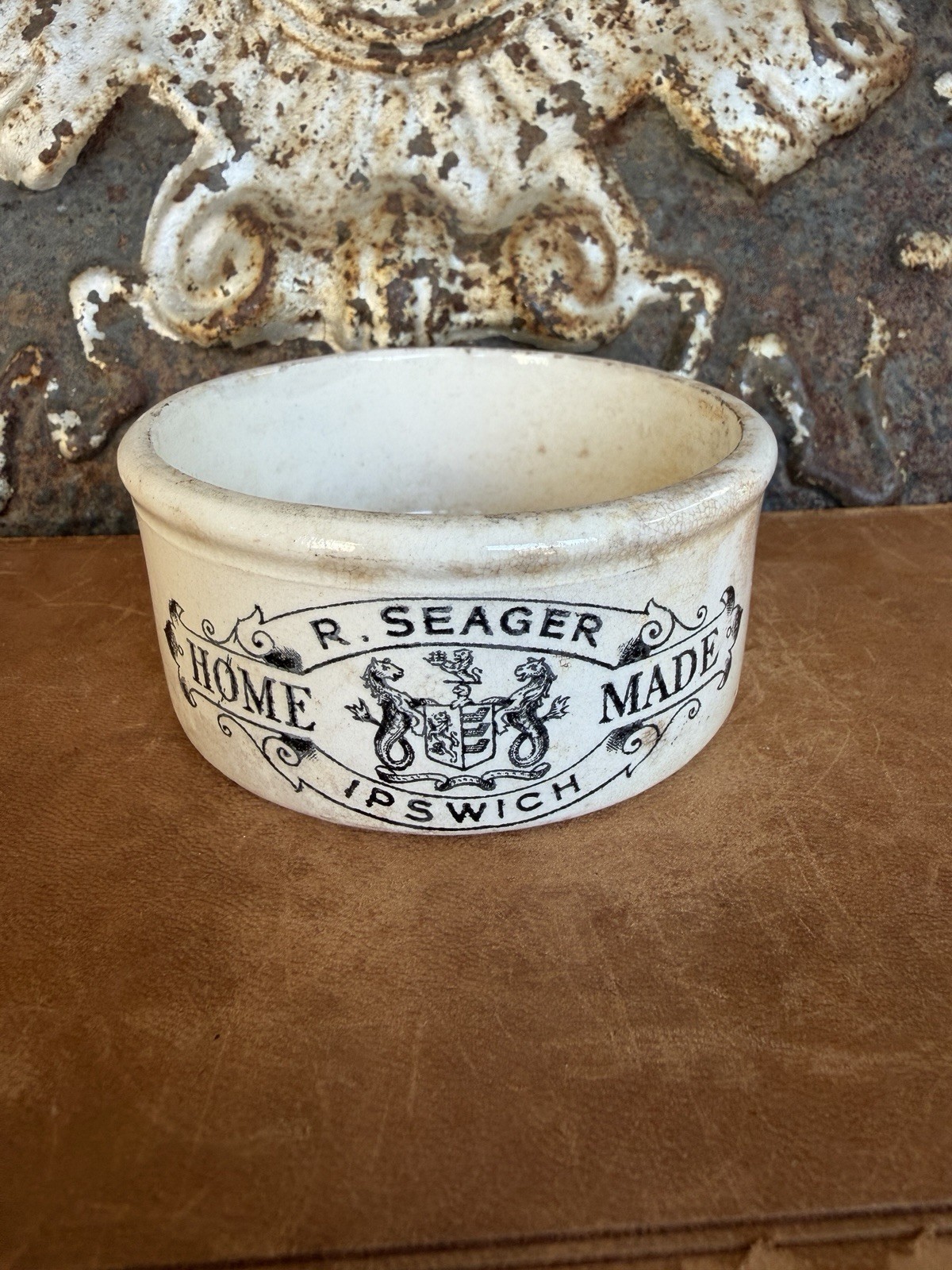 R. SEAGER  Home Made- Ipswich  Potted Meat-Antique English Advertising Pot c1900