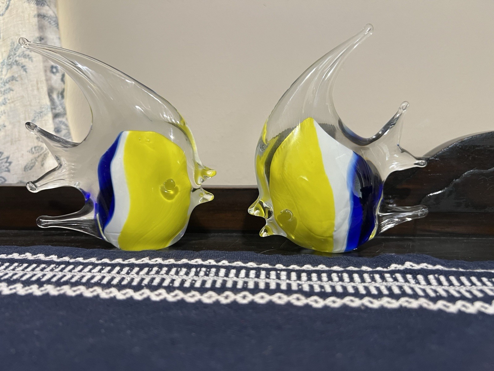 2 Vintage Murano Style Paperweight Art Glass Angel Fish Yellow Blue White 2 Vintage Murano Style Paperweight Art Glass Angel Fish Yellow Blue White