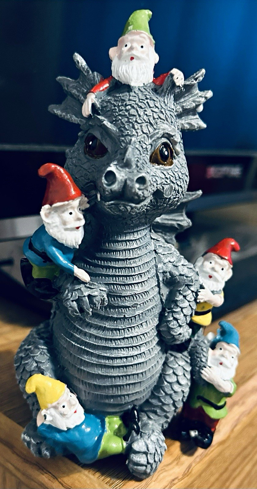 Fantasy Dragon Figurine Statue with Gnomes, Gray Dragon, Multicolor Gnomes Resin