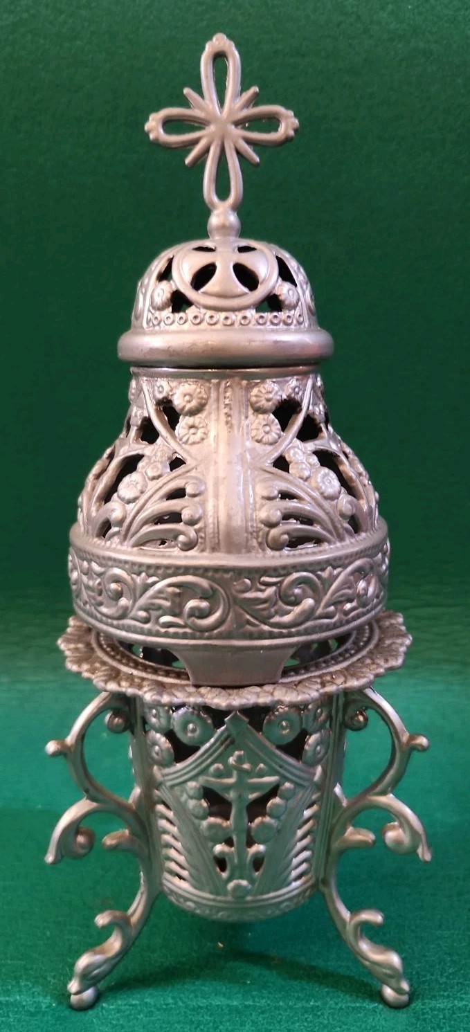 Vtg Orthodox Metal Incense Burner Censer, Tabletop Thurible with Crucifix Jesus Vtg Orthodox Metal Incense Burner Censer, Tabletop Thurible with Crucifix Jesus