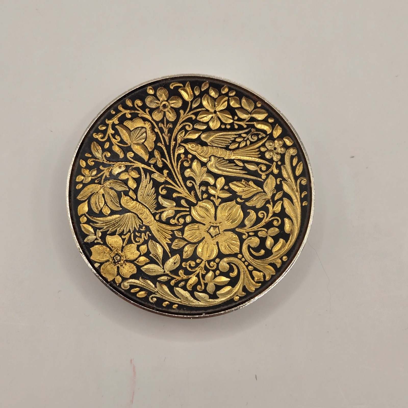 Vintage Midas Toledo Spain Damascene Miniature Trinket Dish 24k Gold Inlay Bird