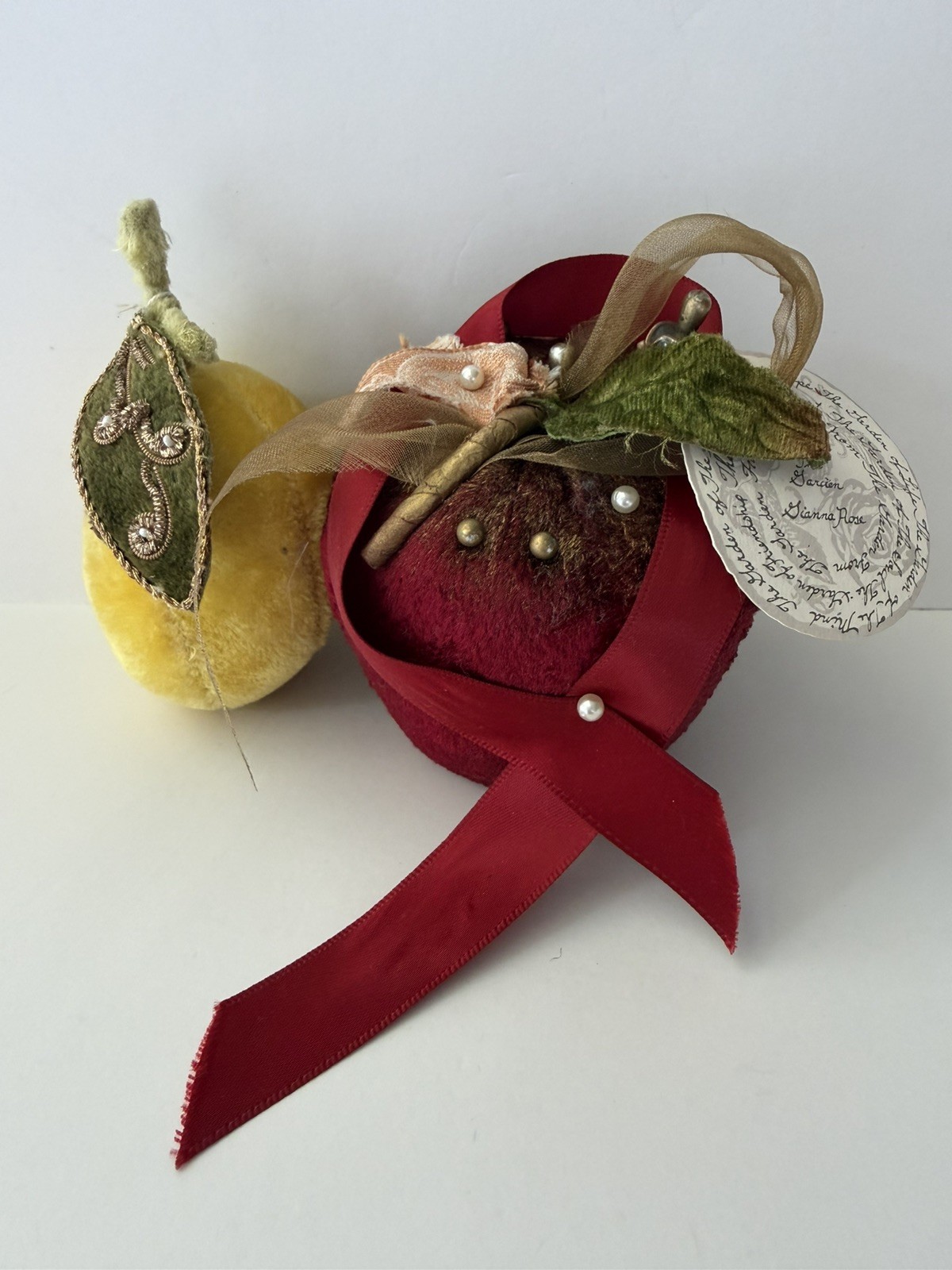 Rare Vintage 1990s Gianna Rose Velvet Apple Pin Cushion From The Garden Tagged