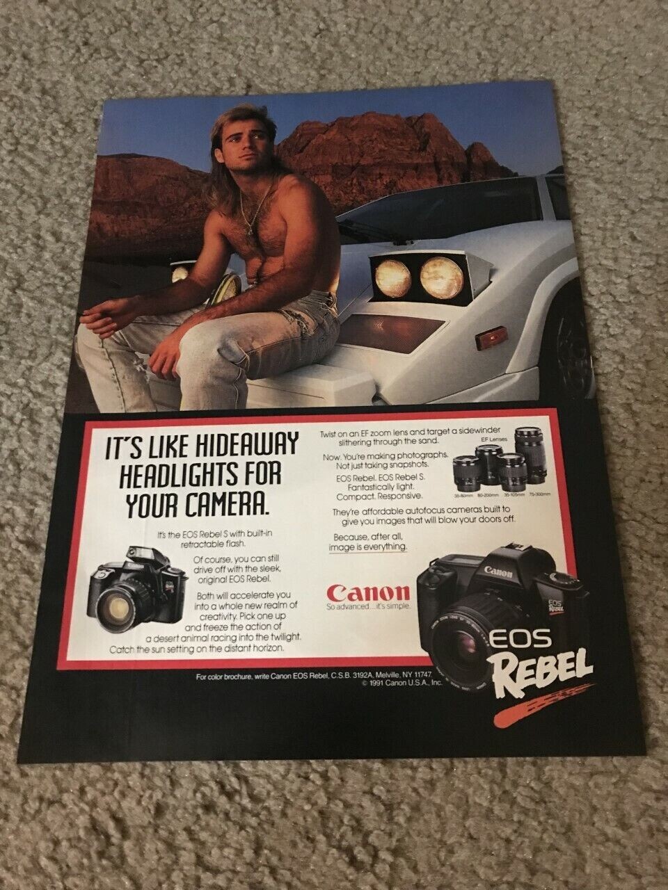 Vintage 1991 ANDRE AGASSI SHIRTLESS CANON EOS REBEL S CAMERA Poster Print Ad 90s