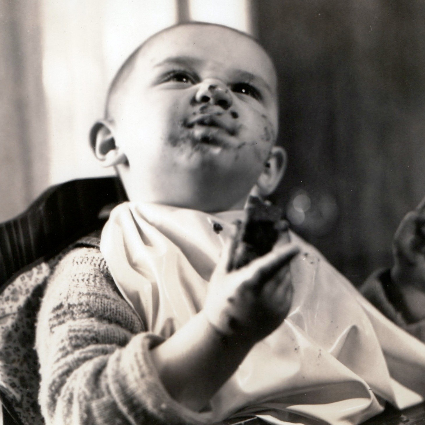 c1950s Messy Baby Cake Face High Chair Snapshot Photo Birthday Bib Smear Eating c1950s Messy Baby Cake Face High Chair Snapshot Photo Birthday Bib Smear Eating
