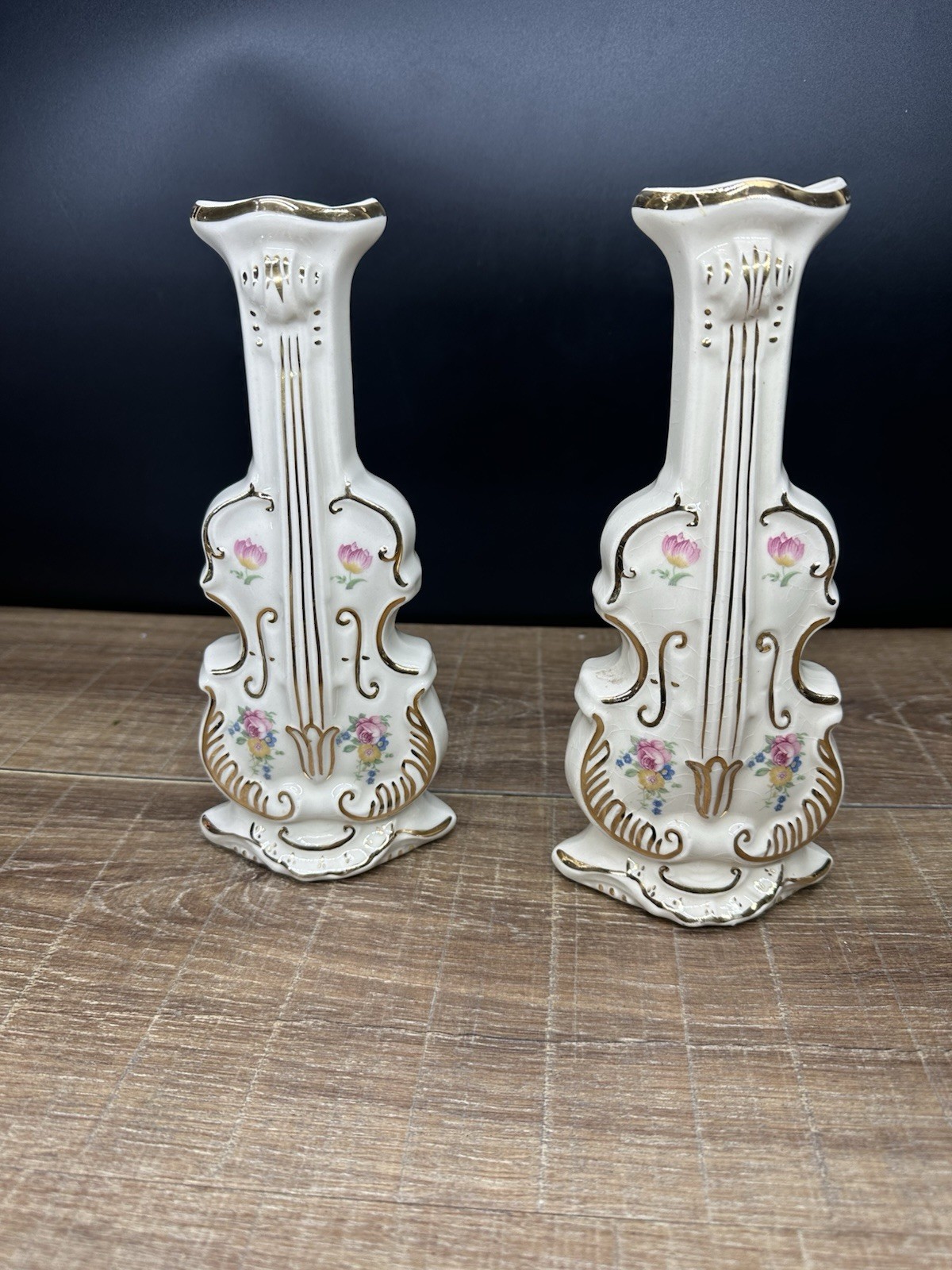 Rare Pair Vintage Porcelain Violin Vases 9.5”Floral Gold Gilt Musical Instrument