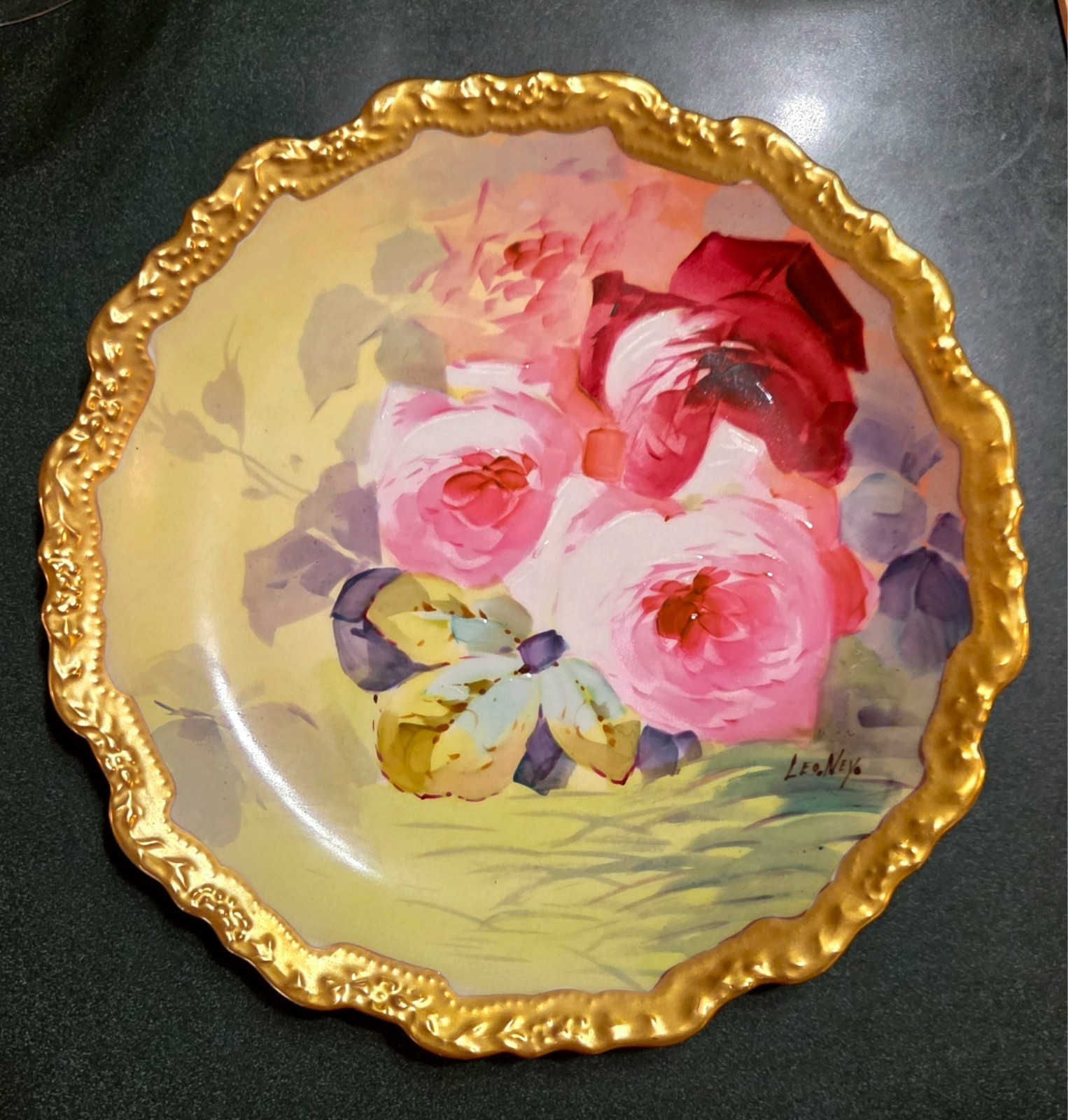Antique Victorian Limoge Roses Gold Trim Porcelain Wall Plate Signed by Leo.Ney.