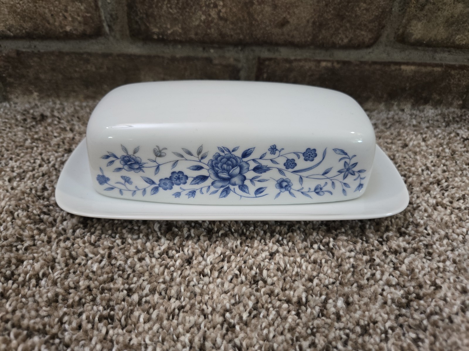 Elite Creation Vtg 70s Blue Brocade Covered Butter Dish & Lid Floral Rose Japan
