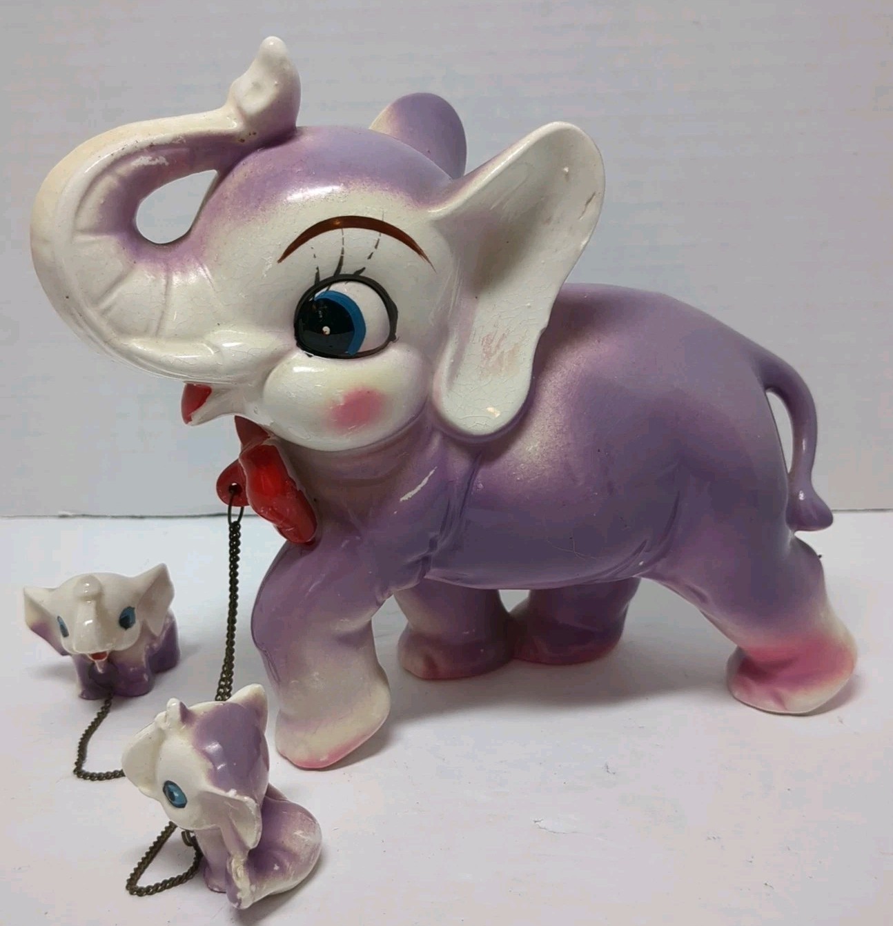 VTG 1950's Japan Anthropomorphic Purple Elephant mommy With Two Attached babies