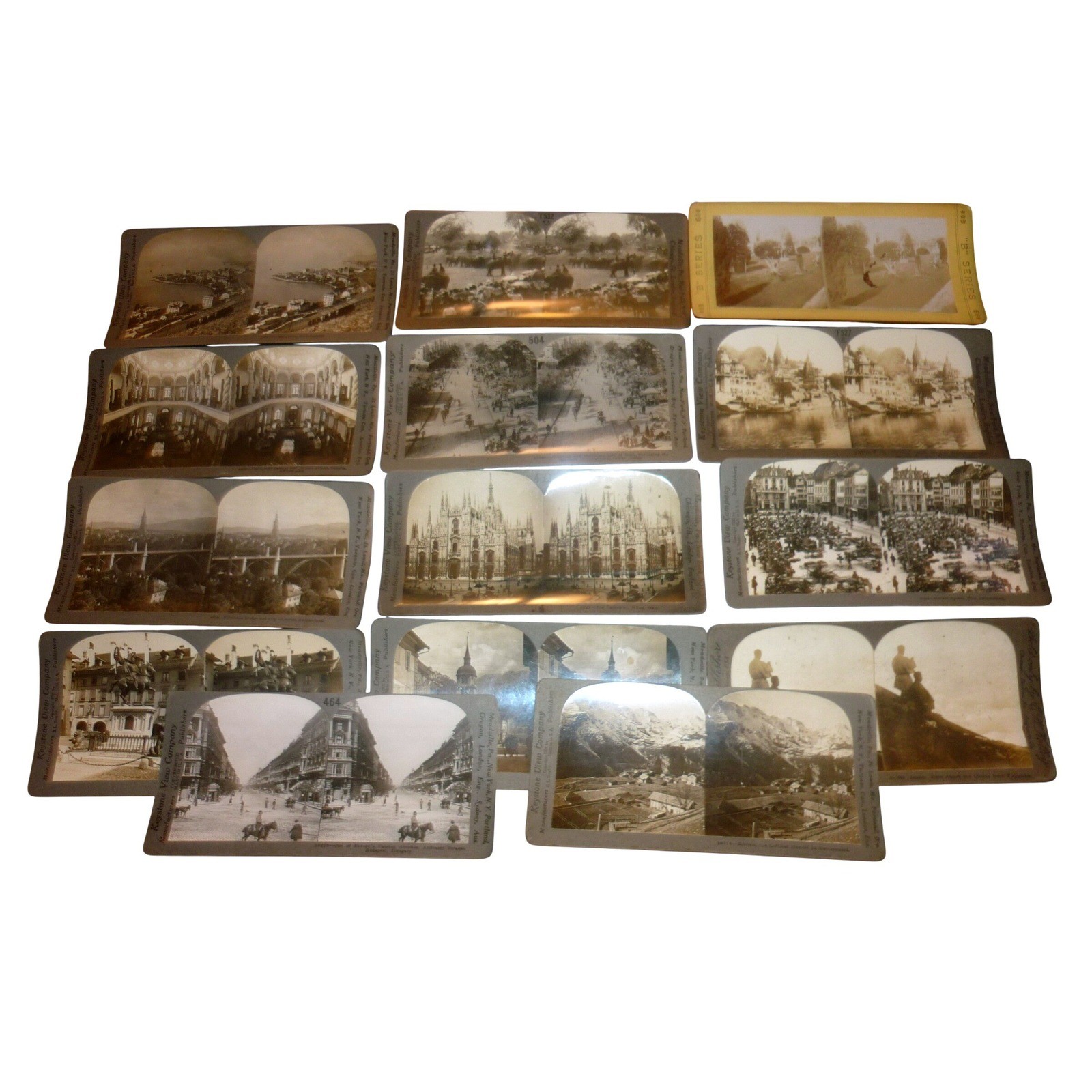 Lot of 14 Antique Stereoview Cards Keystone India Japan Milan Italy Streets