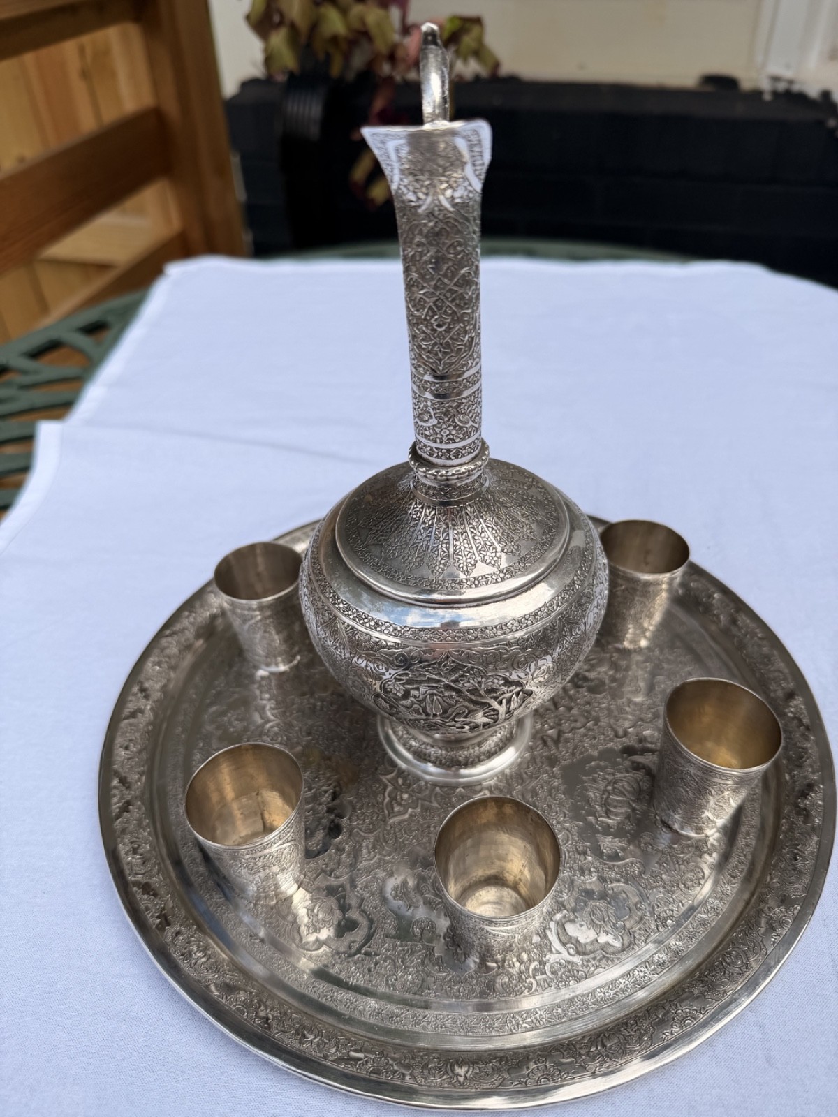 Antique Hand Carved Etched Bronze/Silver  Ewer/Platter