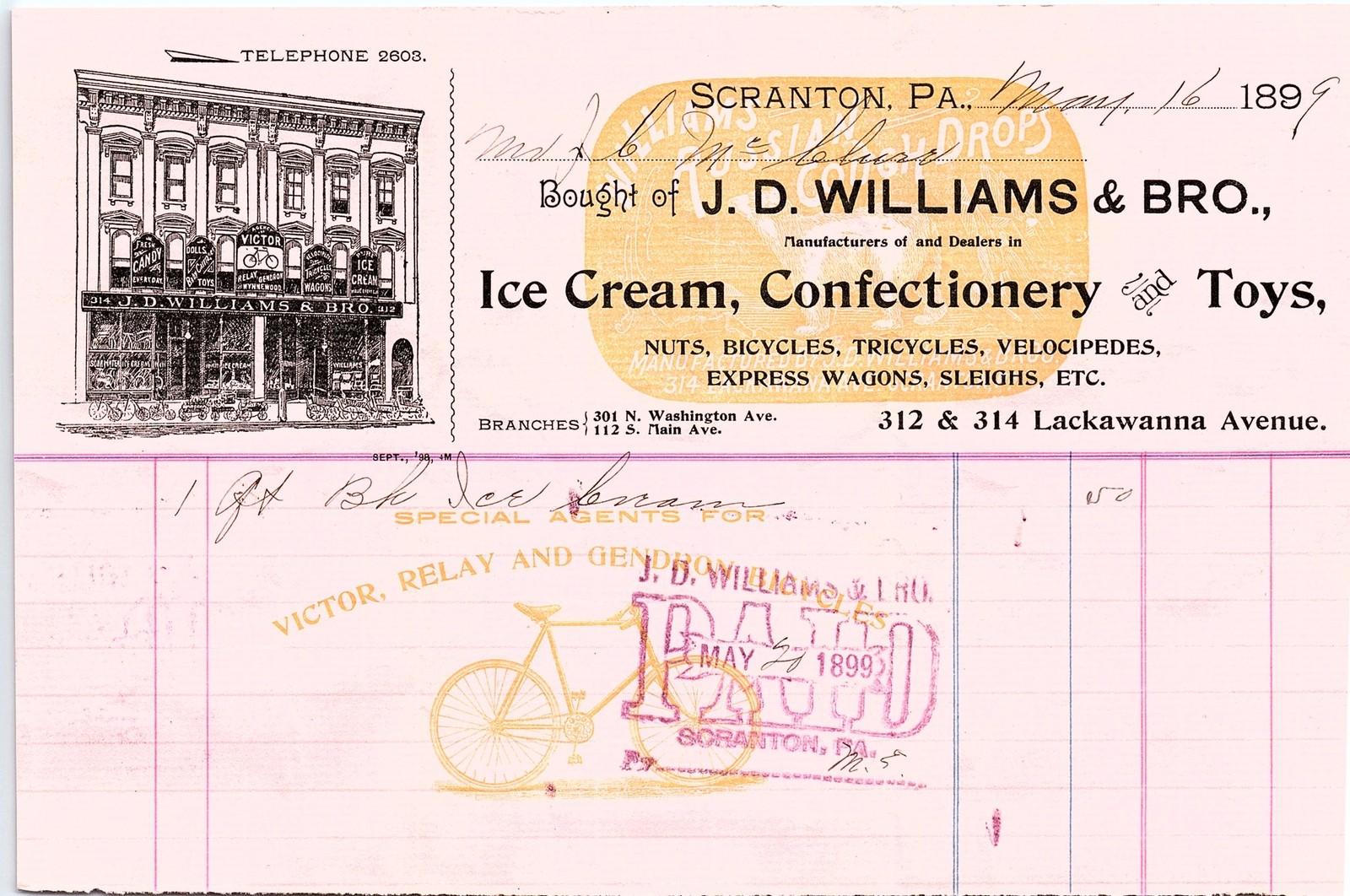 1899 Scranton J.D. Williams Billhead, Bicycles & Ice Cream
