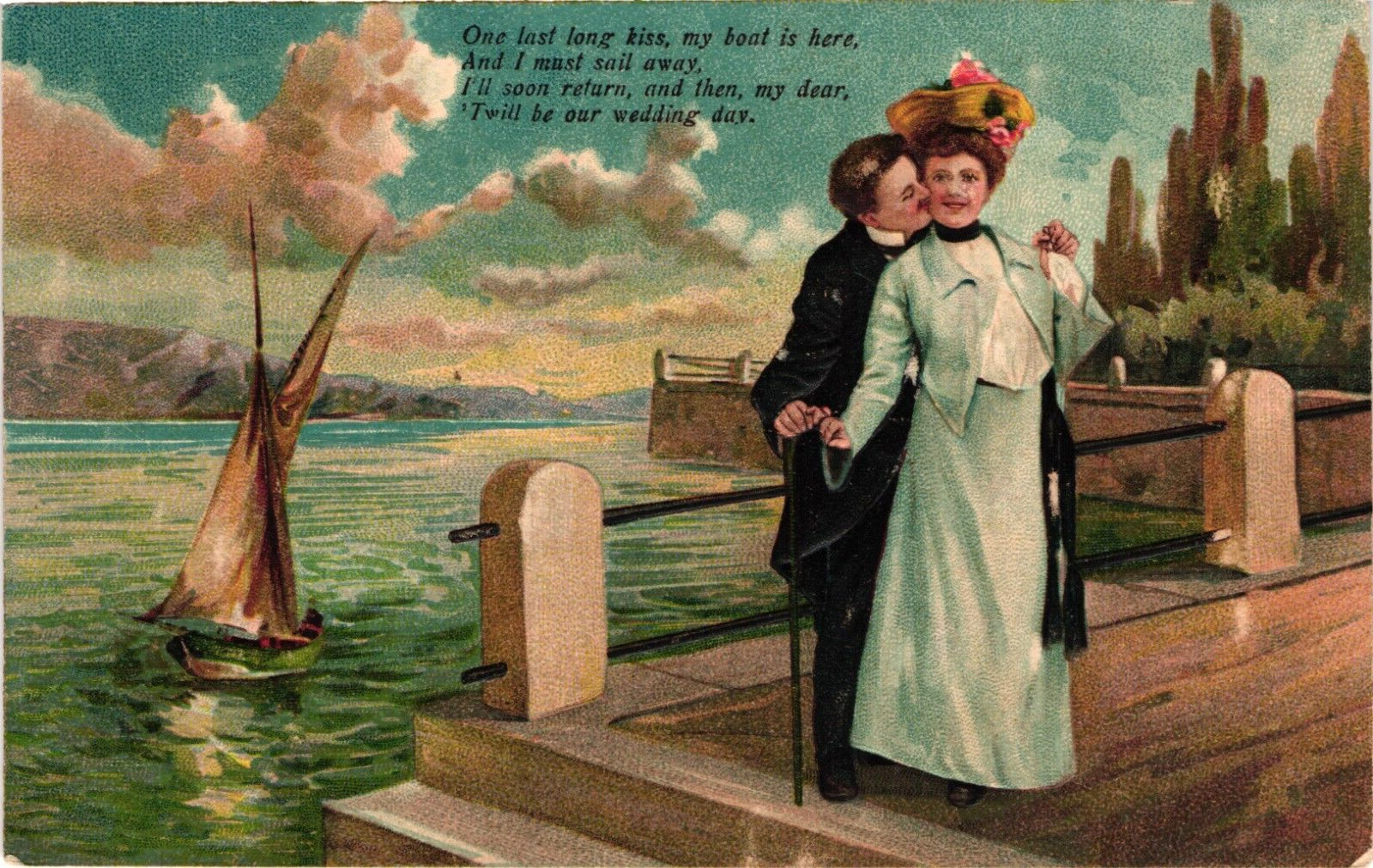 ROMANCE Couple Sentiment Wedding Boat c1907 Embossed Postcard