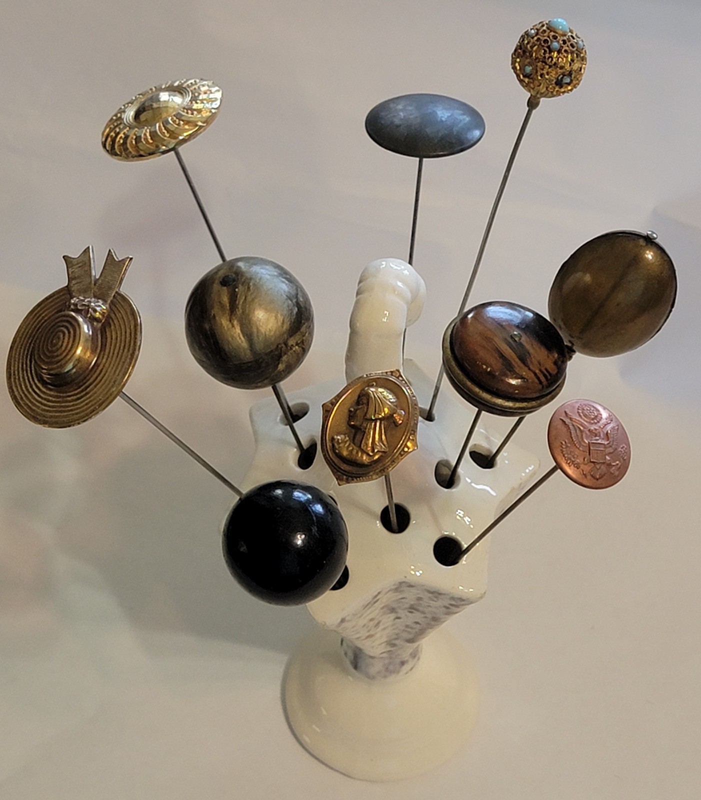 HATPIN Vintage & Antique Mixed Lot 10 Hat Pins & Umbrella Ceramic Hatpin Holder