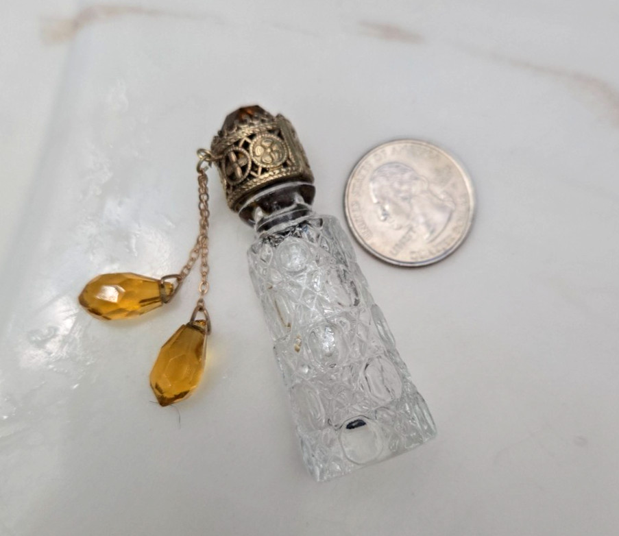 Antique Czechoslovakia Mini Scent Bottle-Amber Jewel Dangles-Dauber-Irice  #1985