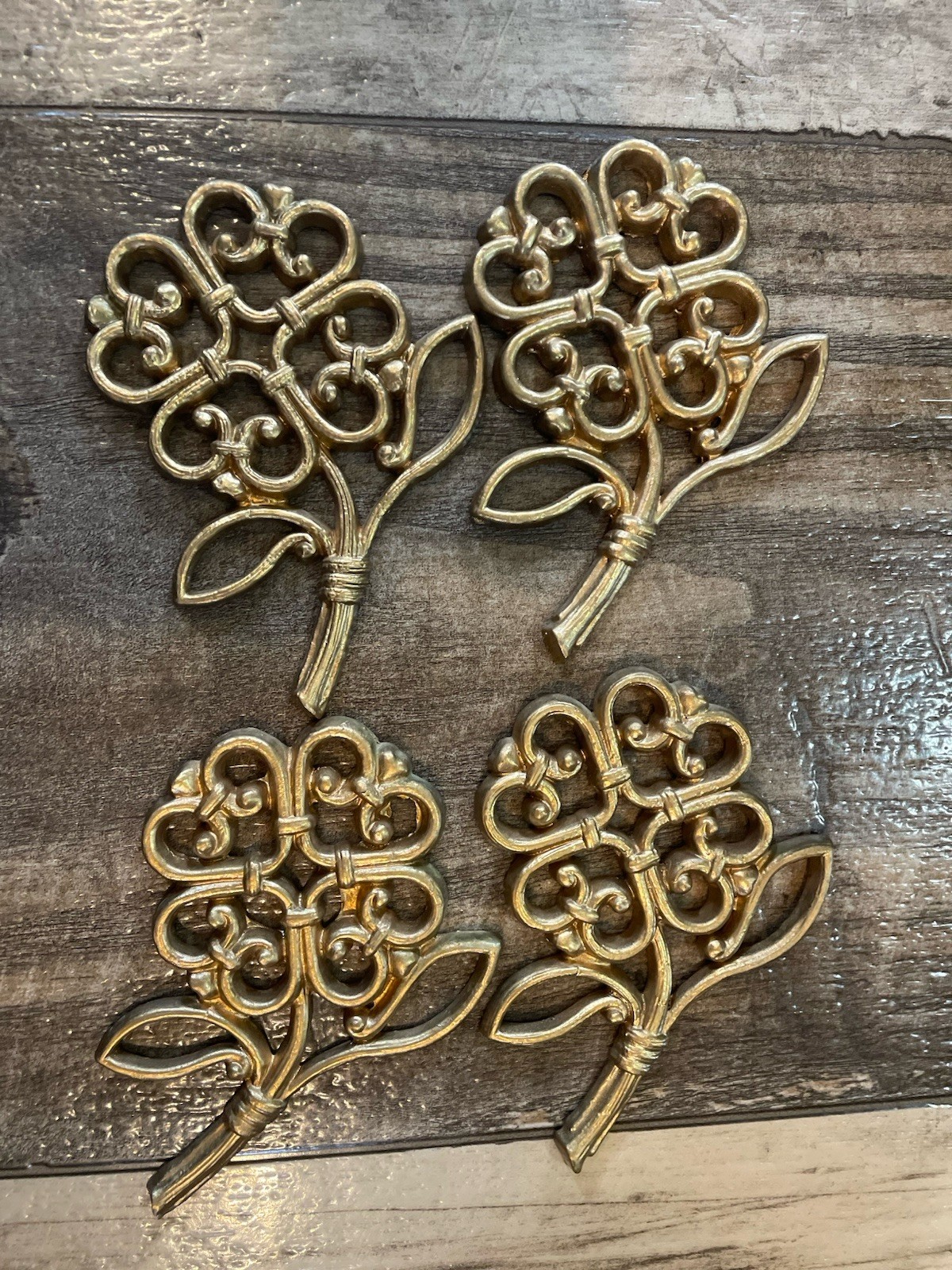VTG Homco 4 Faux Wicker Rattan Wood Grain Flowers 1978 Wall Hanging Decor 7560